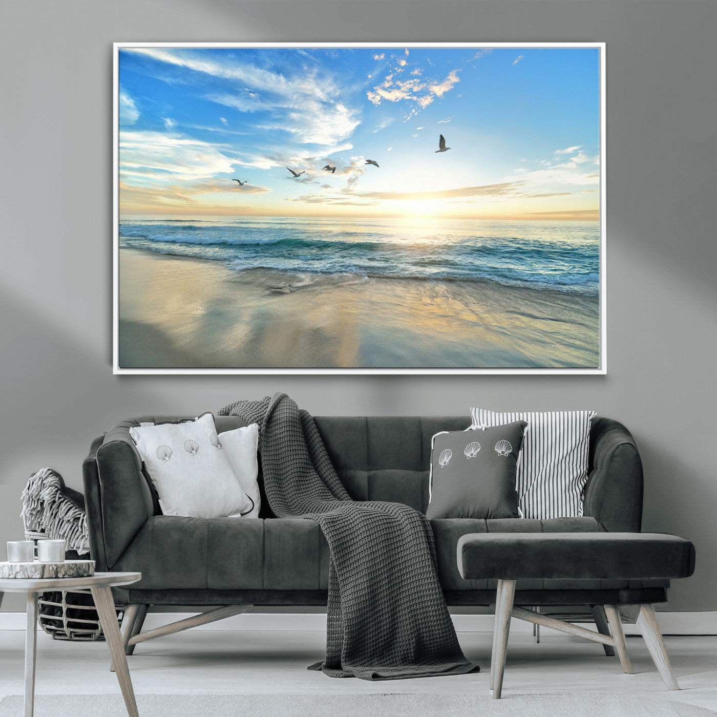 20708696-MGV-CV-36X24-Minimalist Seaside Wall Art Canvas Print, Framed Morning Glow Art Picture Print, Golden Reflections Perfect Coastal Minimalist