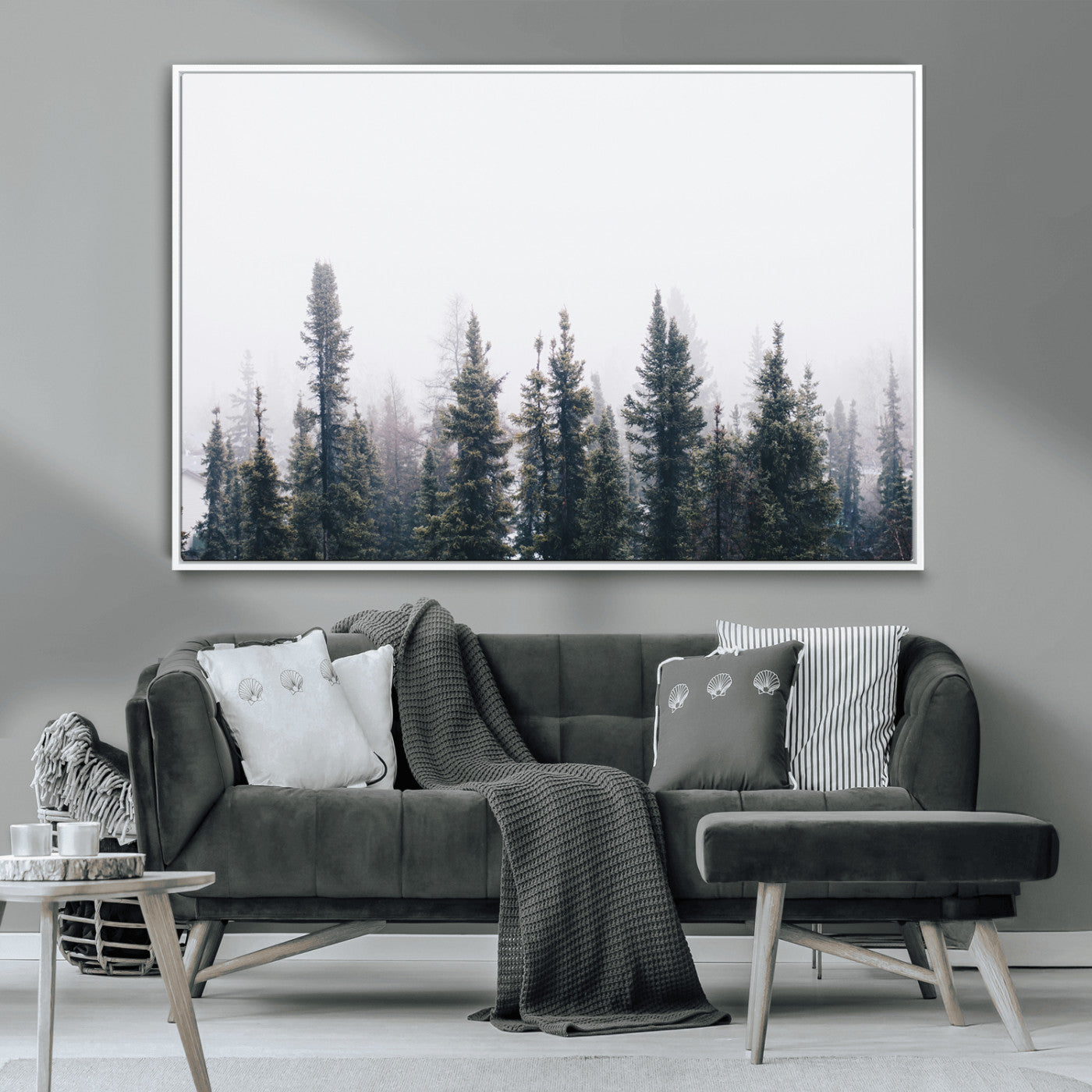 42364796-MGV-CV-36X24-Foggy Forest Wall Art Canvas Print, Framed Misty Pines Art Picture Print, Moody Woodland Perfect Scandinavian Minimalist Decor
