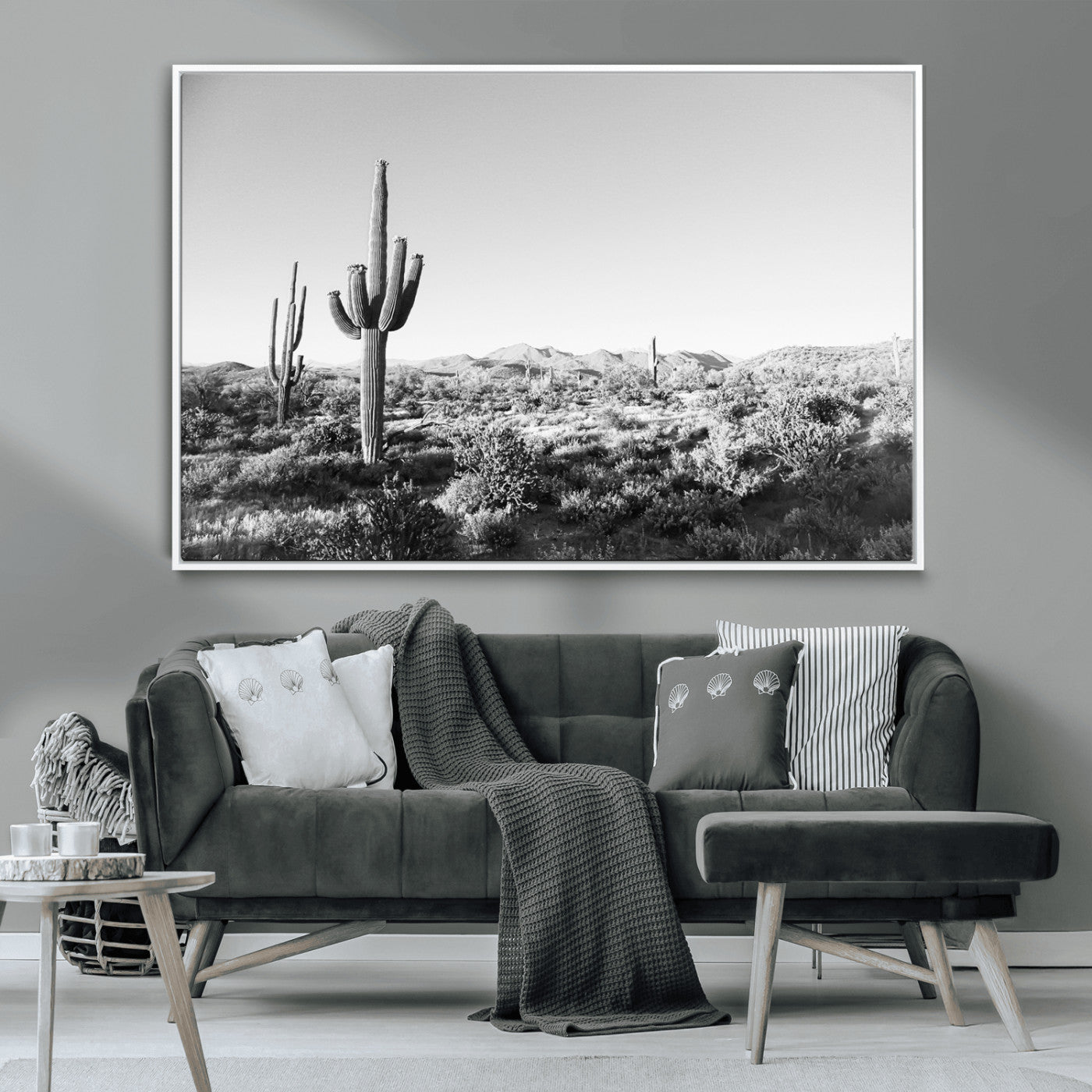 85205054-MGV-CV-36X24-Saguaro Cactus Wall Art Canvas Print, Framed Monochrome Landscape Art Picture Print, Scenic Arizona View Perfect Minimalist