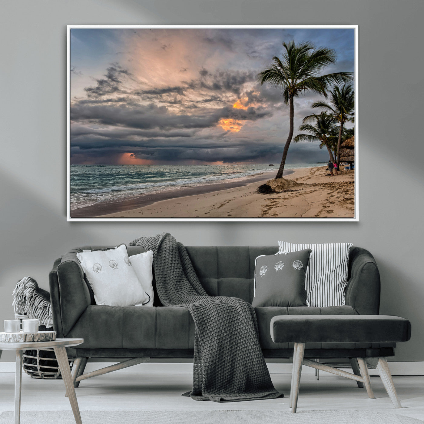 62574547-MGV-CV-36X24-Tropical Storm Wall Art Canvas Print, Framed Moody Beach Art Picture Print, Dramatic Sky Perfect Tropical Coastal Decor Artwork