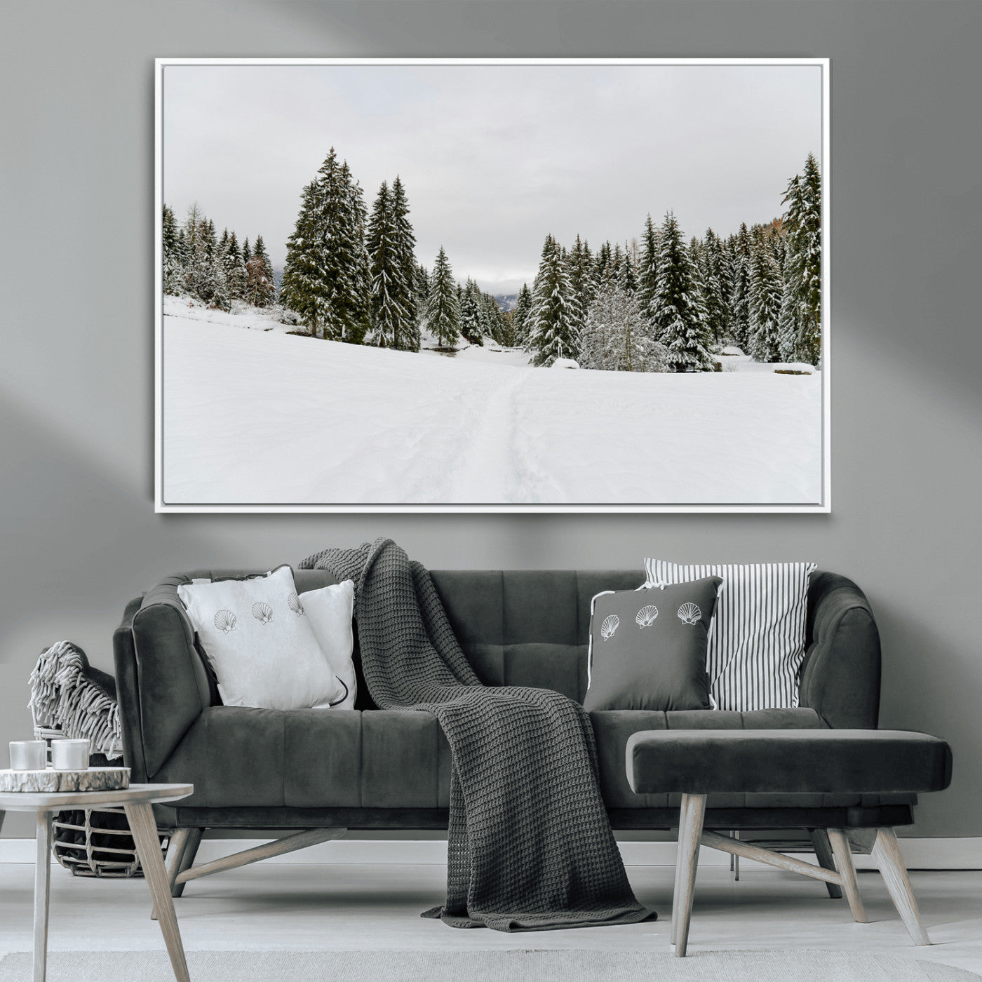 24581417-MGV-CV-36X24-Frosty Pines Wall Art Canvas Print, Framed Silent Snowfall Art Picture Print, Cozy Cabin Vibes Perfect Nordic Minimalist Decor