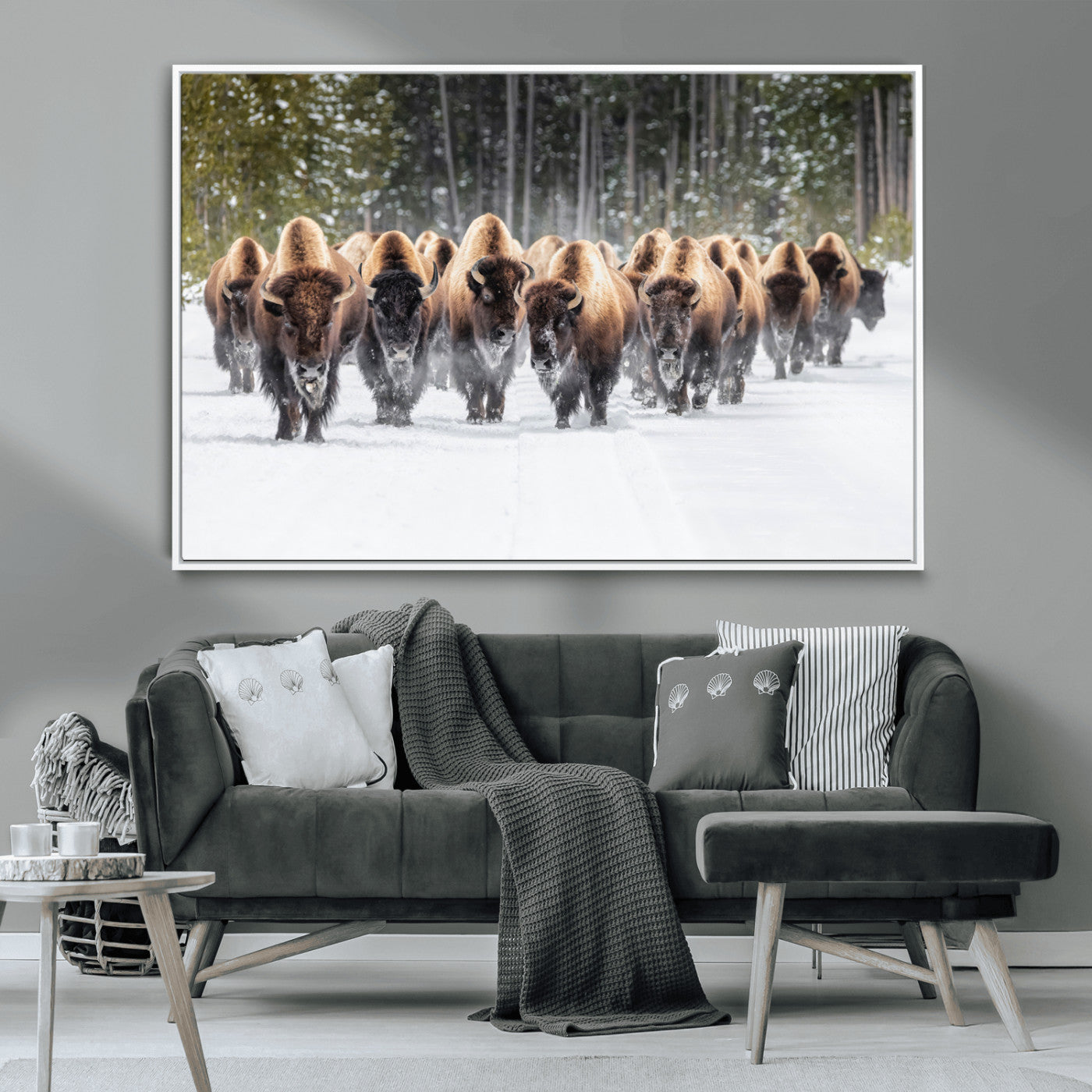 96906195-MGV-CV-36X24-Bison Herd Wall Art – American Buffalo Wildlife Photography Canvas Print, Winter Snow Scene Western Nature Decor for Living Room,