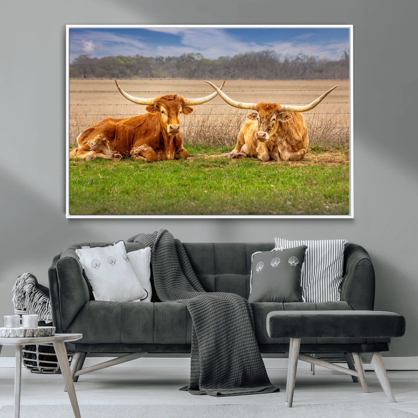 54598515-MGV-CV-36X24-Texas Longhorns Wall Art – Rustic Cattle Ranch Canvas Print, Western Farmhouse Animal Photography Decor for Living Room, Office,