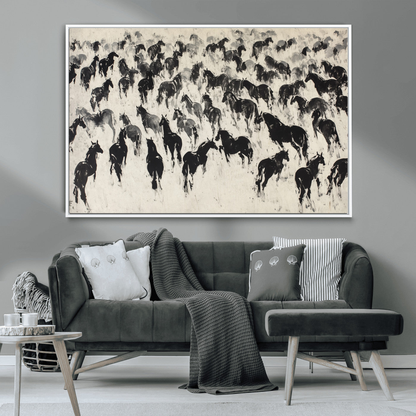 29265745-MGV-FC-36X24_White-Wild Horse Herd Wall Art – Black and White Galloping Horses Canvas Print, Rustic Western Farmhouse Décor for Living Room, Bedroom,