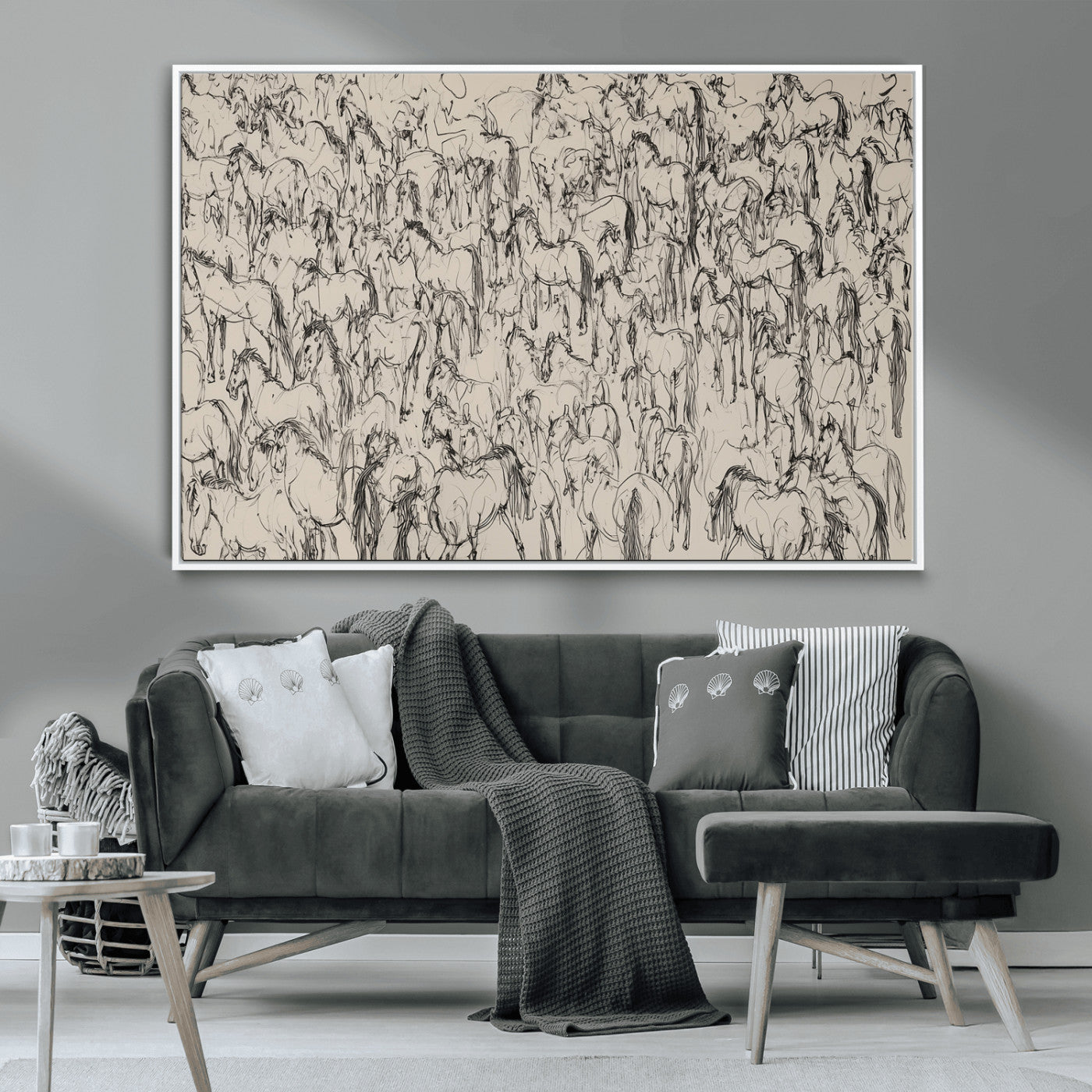 12358908-MGV-CV-36X24-Horse Herd Sketch Wall Art – Abstract Wild Horses Line Drawing Canvas Print, Rustic Western Style Equestrian Decor for Living