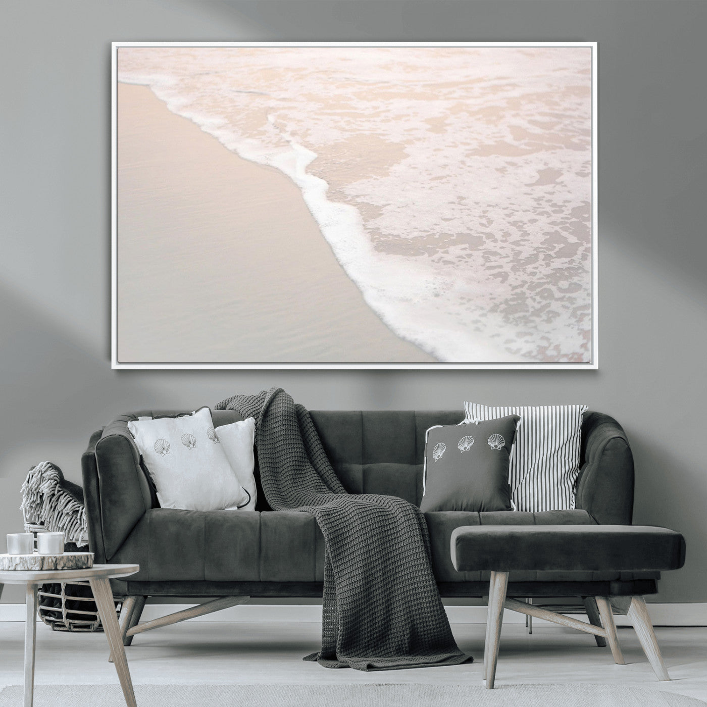 28414510-MGV-FC-36X24_White-Ocean Shoreline Wall Art – Minimal Coastal Beach Canvas Print, Soft Sea Foam and Sand Photography Artwork, Relaxing Nautical Decor