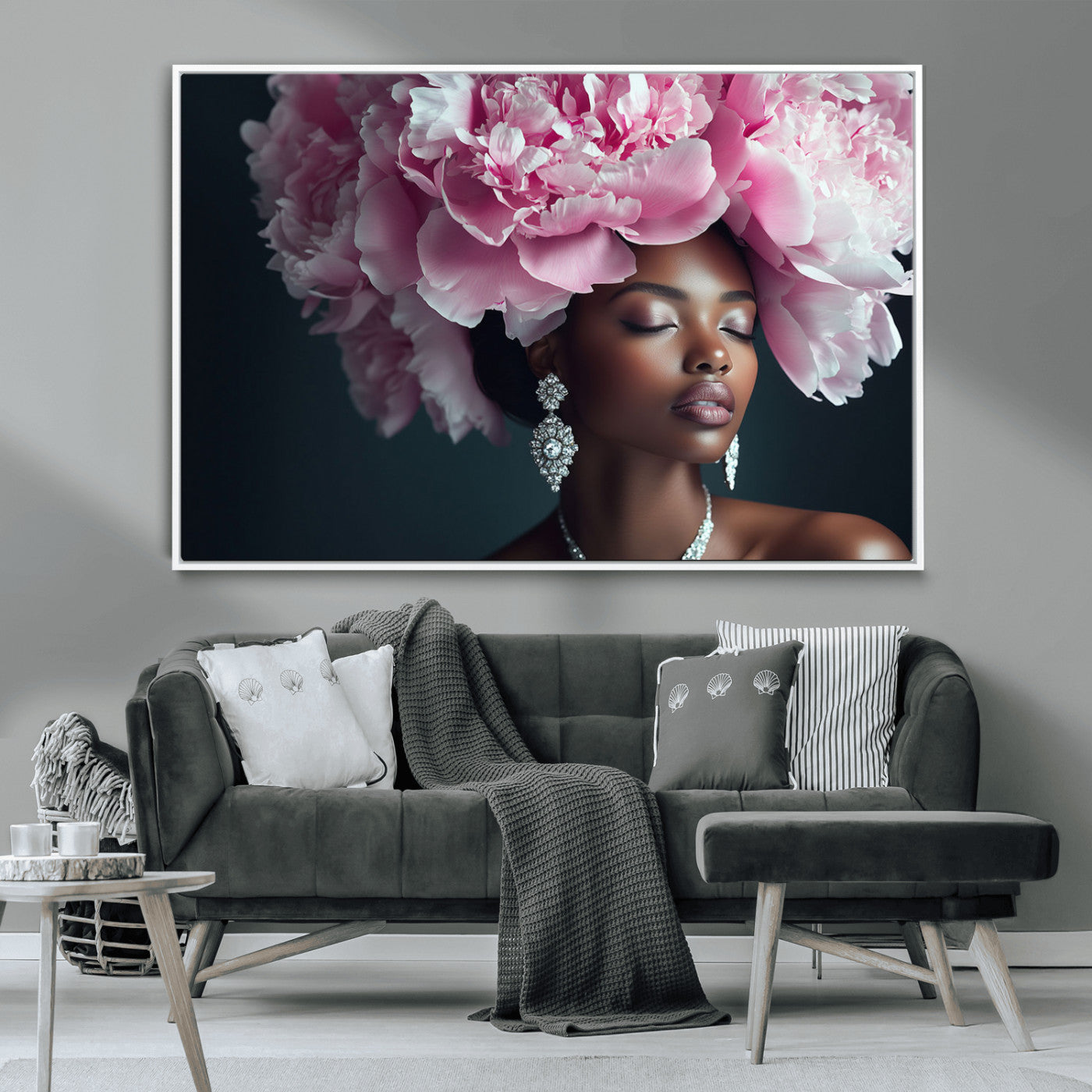 35482880-MGV-CV-36X24-Floral Portrait Wall Art – Elegant Woman with Pink Peony Headpiece Canvas Print, Luxury Fashion Inspired Artwork, Modern Glam