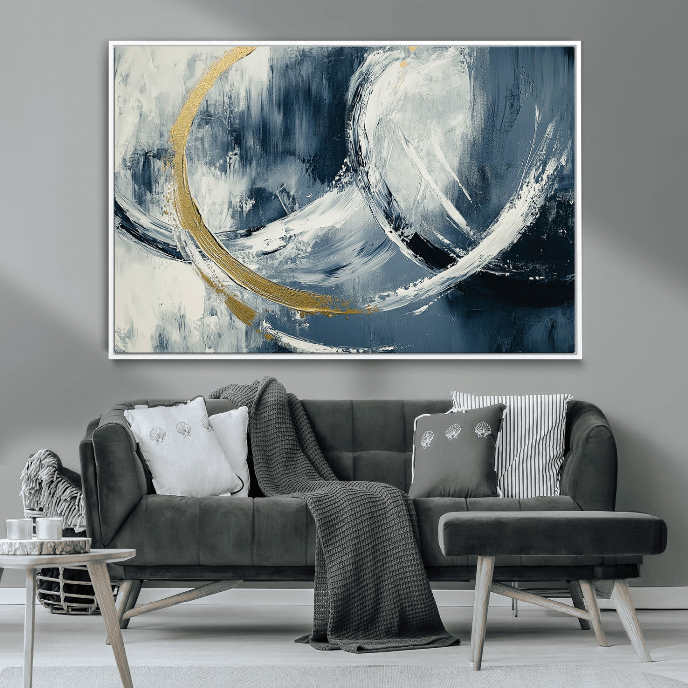 97295757-MGV-CV-36X24-Abstract Blue and Gold Wall Art – Modern Luxury Canvas Print, Navy White Brushstroke Painting, Contemporary Living Room Office
