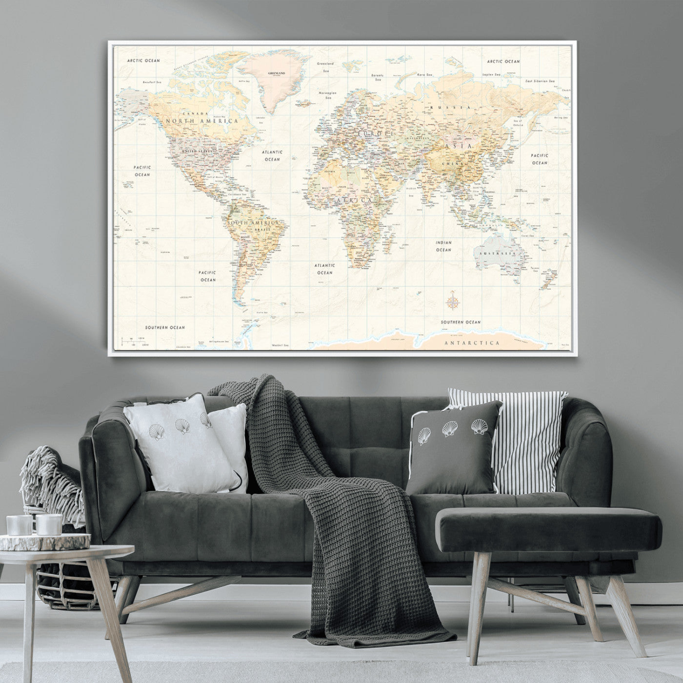 40660043-MGV-CV-36X24-World Map Wall Art – Large Detailed Atlas Style Map Print with Countries, Cities, and Oceans, Neutral Beige and Tan Educational