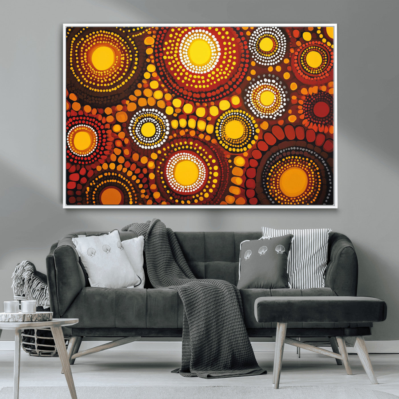 81120549-MGV-CV-36X24-Abstract Dot Painting Wall Art – Vibrant Tribal Boho Style Canvas Print with Sunburst Mandala Circles in Warm Red, Yellow, Orange