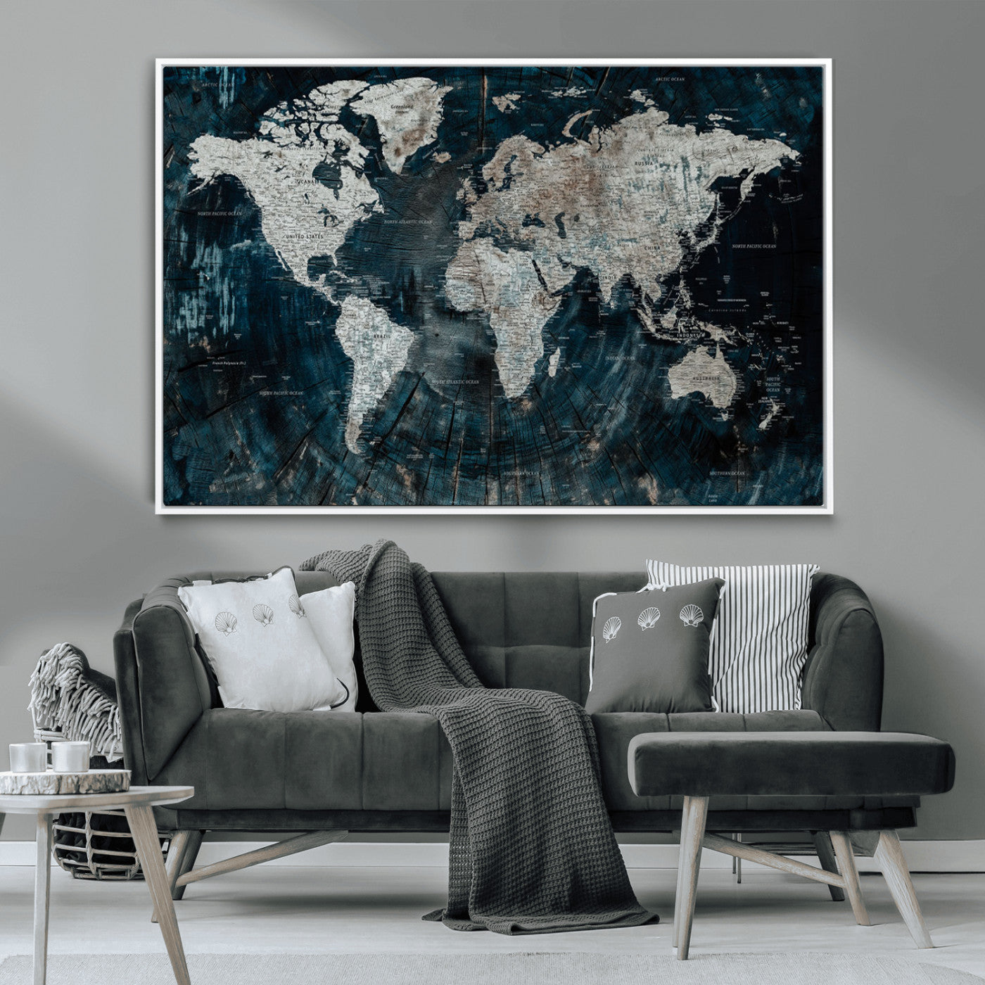 34425609-MGV-CV-36X24-World Map Wall Art – Rustic Navy and Grey Atlas Canvas Print, Distressed Explorer Map Artwork, Industrial Style Decor for Office,