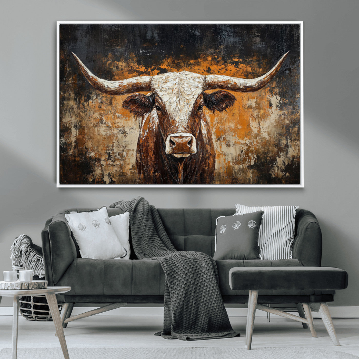 25265572-MGV-CV-36X24-Longhorn Bull Wall Art – Rustic Western Texas Steer Canvas Print, Textured Animal Painting for Home, Office, Man Cave or Farmhouse