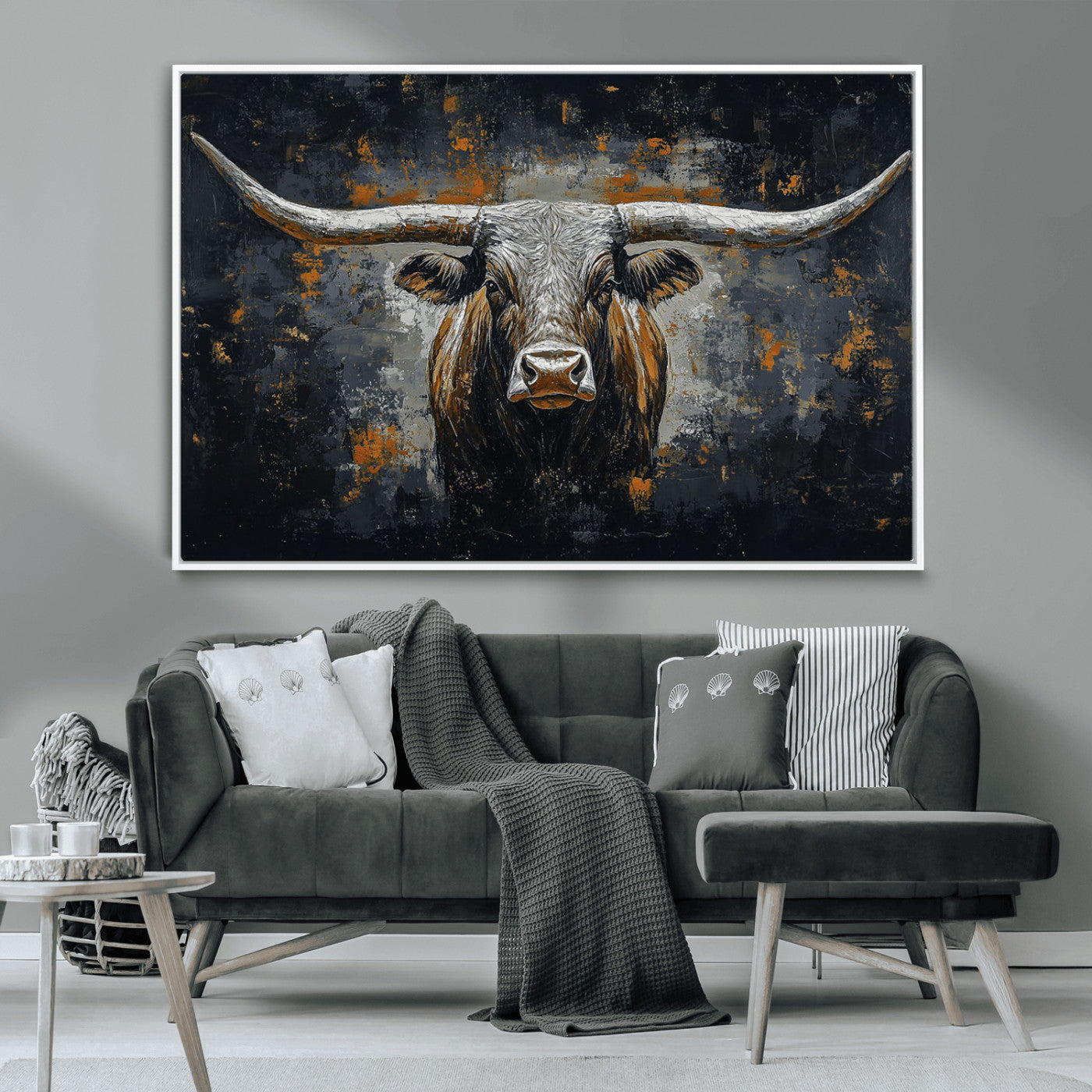 93195031-MGV-CV-36X24-Dark Longhorn Bull Wall Art – Western Steer Canvas Print, Moody Rustic Animal Painting for Man Cave, Ranch House, Office or Modern
