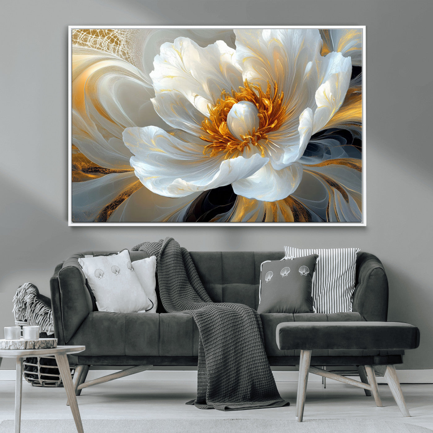 39604126-MGV-CV-36X24-Abstract Flower Wall Art – Elegant White and Gold Bloom Canvas Print, Modern Floral Artwork for Bedroom, Living Room, or Office