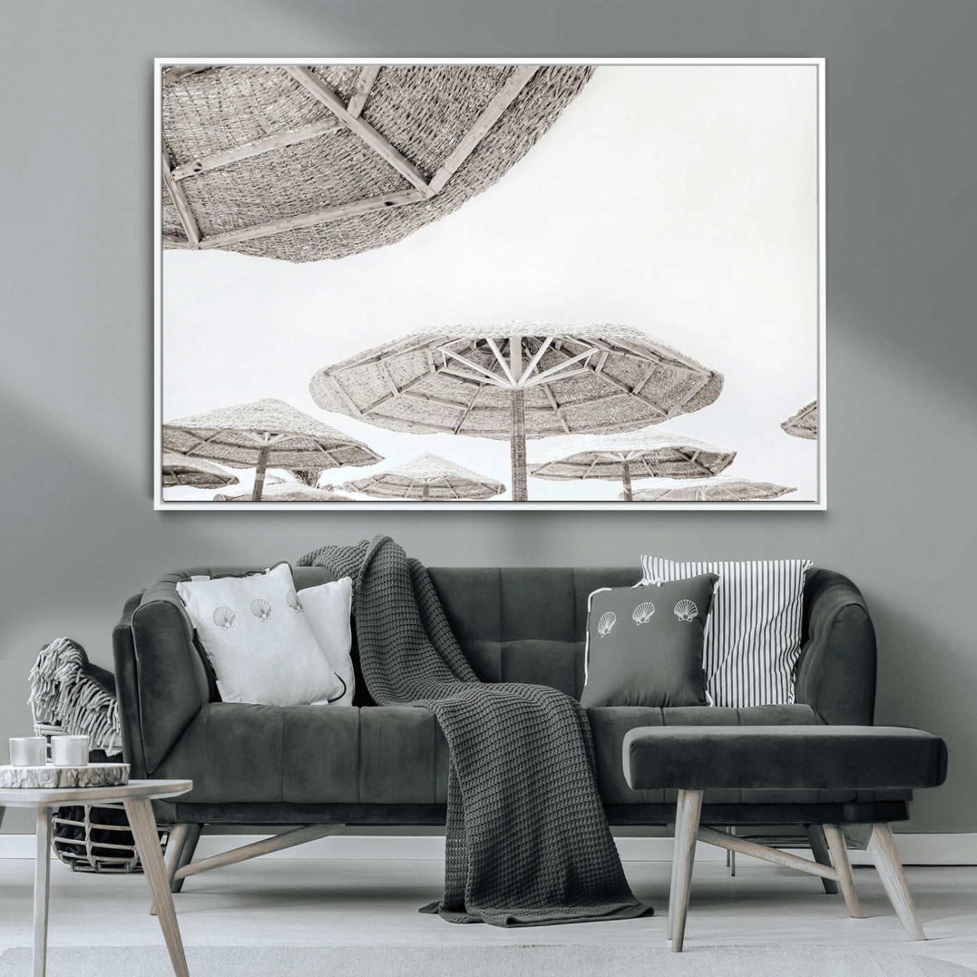 97043123-MGV-CV-36X24-Beach Umbrella Wall Art – Minimalist Coastal Canvas Print, Woven Parasol Summer Decor for Bedroom, Living Room, or Modern Beach