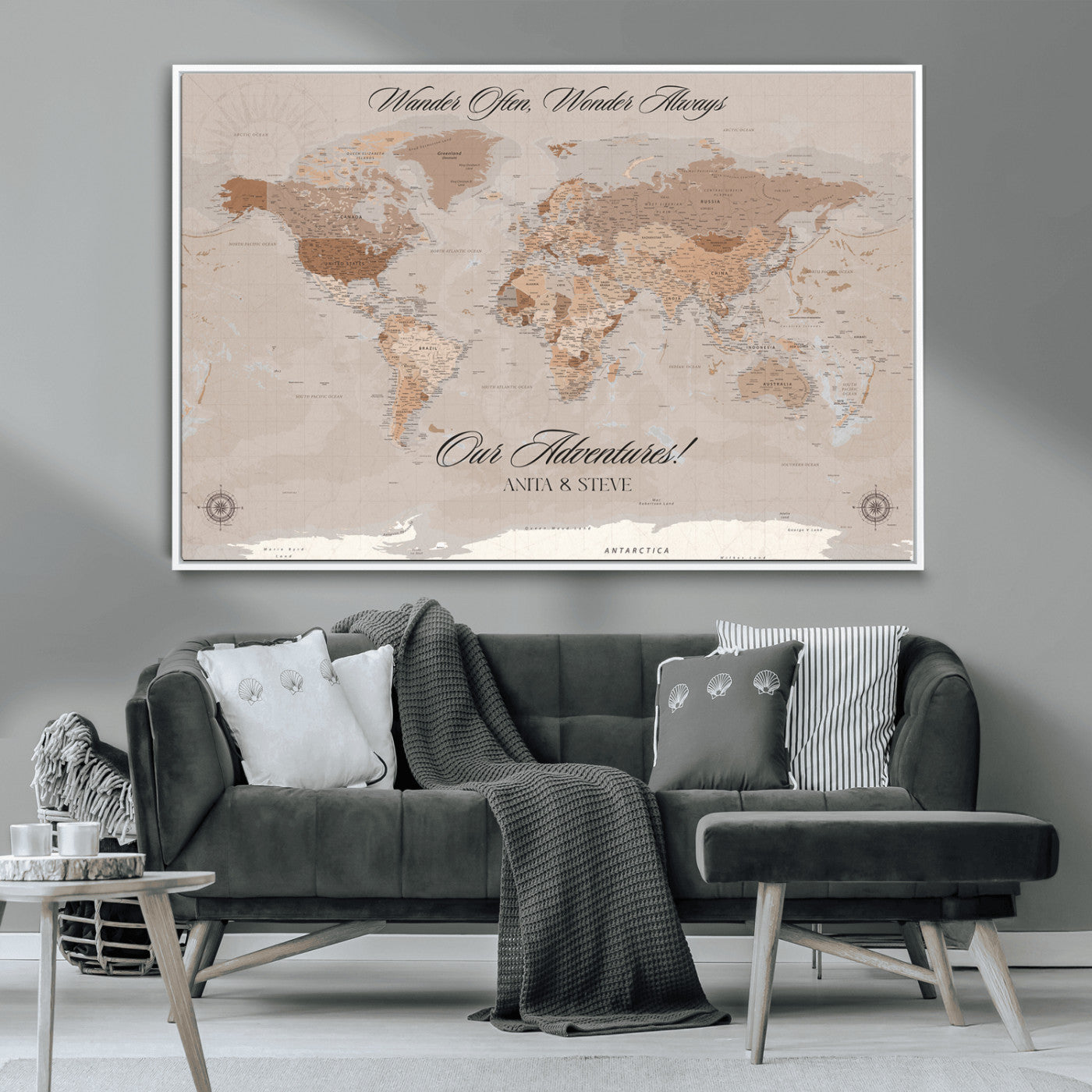 95243244-MGV-CV-36X24-Wander Often Wonder Always World Map Wall Art – Neutral Beige Adventure Canvas Print, Rustic Boho Travel Decor for Bedroom, Living
