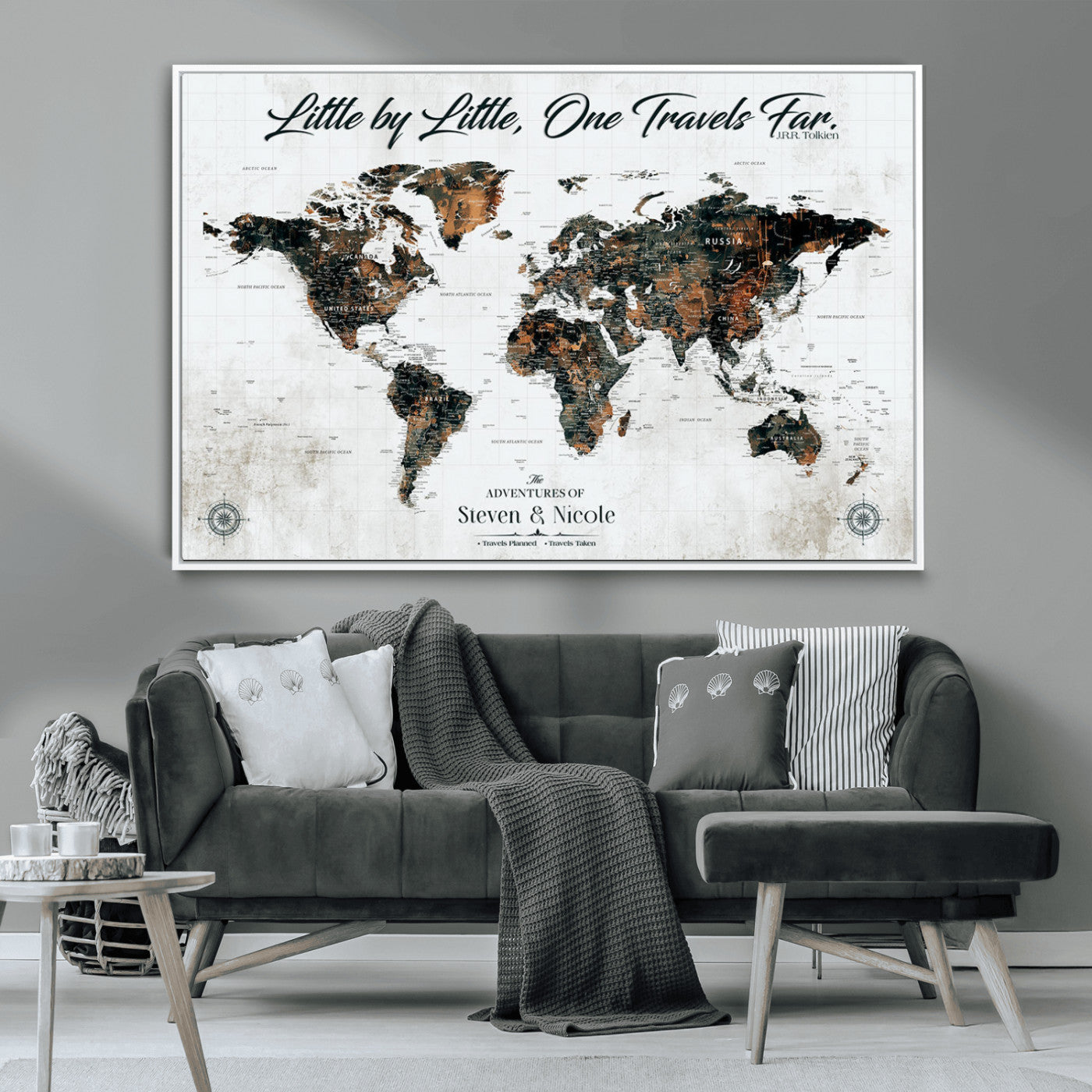 88337180-MGV-CV-36X24-Little by Little One Travels Far Tolkien Quote World Map Rustic Black Brown Adventure Wall Art Canvas Print for Home Office Living