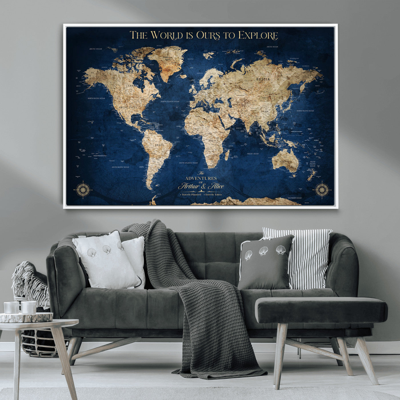 54782997-MGV-CV-36X24-The World is Ours to Explore Wall Art – Blue World Map Canvas Print, Adventure Travel Decor for Home, Office or Living Room,