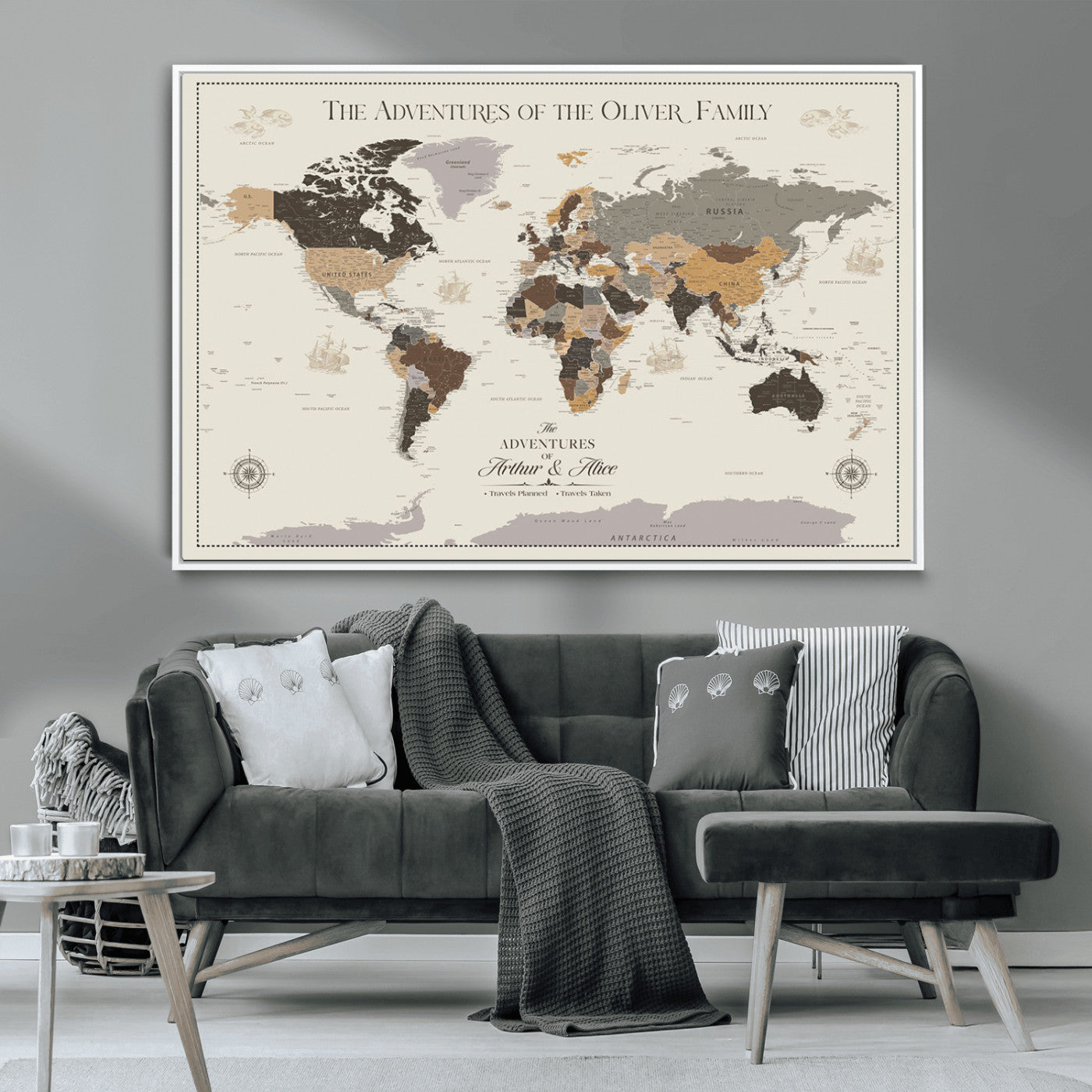38723540-MGV-CV-36X24-Adventures of the Oliver Family Wall Art – Earth Tone World Map Canvas Print, Minimalist Travel Decor for Living Room, Bedroom or