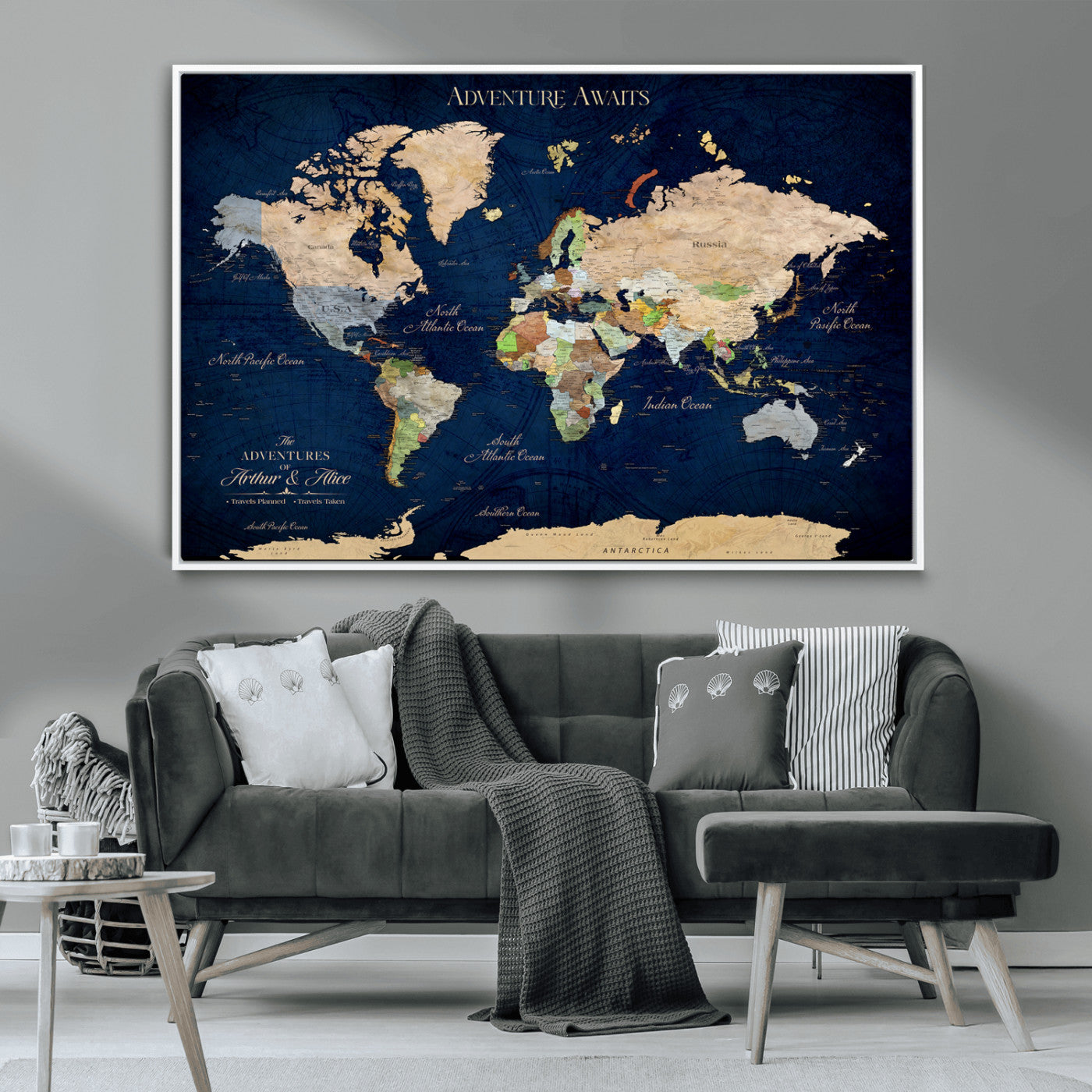 43160428-MGV-CV-36X24-Adventure Awaits Navy Blue World Map – Vibrant Travel Canvas Wall Art, Antique Atlas Print, Wanderlust Decor for Home Office