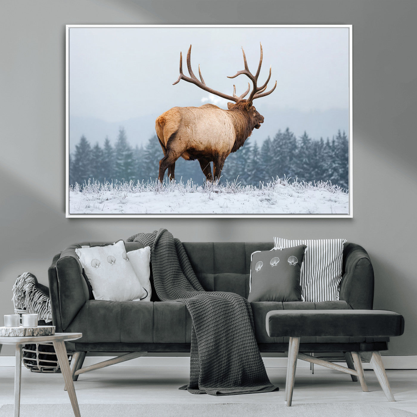 85177251-MGV-CV-36X24-Elk Wall Art – Majestic Wildlife Canvas Print of Bull Elk Snowy Forest, Rustic Nature Decor for Living Room, Cabin, or Office