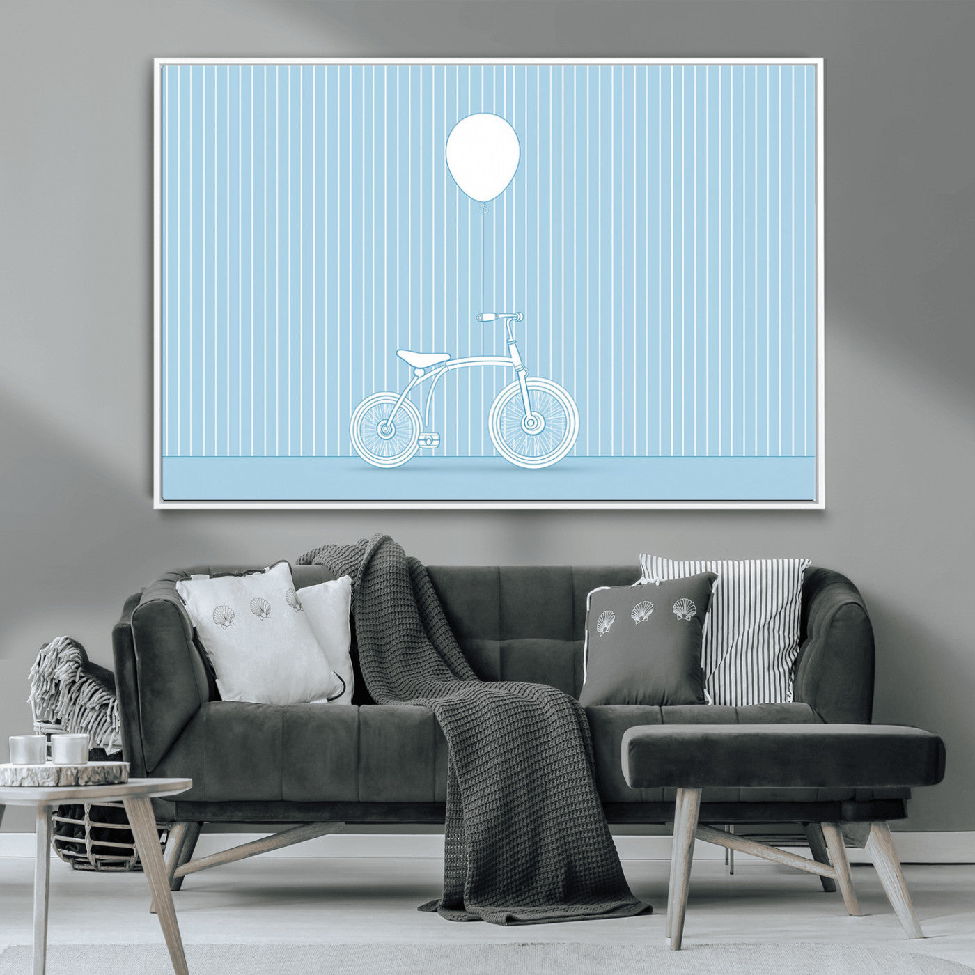 56479838-MGV-CV-36X24-Bicycle Wall Art – Minimalist Blue Canvas Print with Balloon Illustration, Modern Decor Artwork for Kids Room, Nursery, or Living