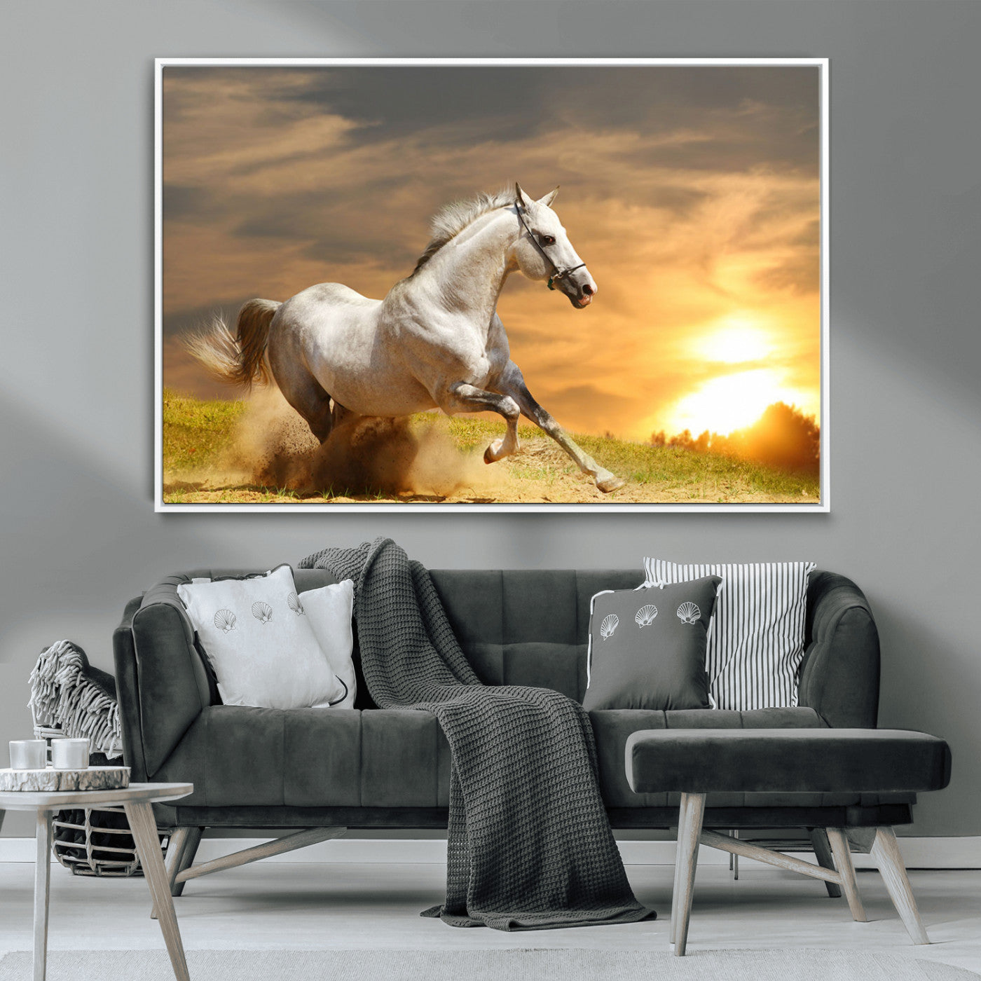 44295212-MGV-CV-36X24-Horse Wall Art – Running White Stallion Canvas Print with Sunset Background, Western Wildlife Decor for Living Room, Office, or