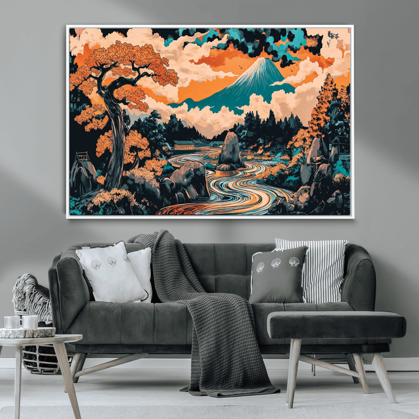 21638941-MGV-CV-36X24-Japanese Landscape Wall Art – Mount Fuji and Flowing River Ukiyo-e Style Canvas Print, Traditional Japan Inspired Artwork for