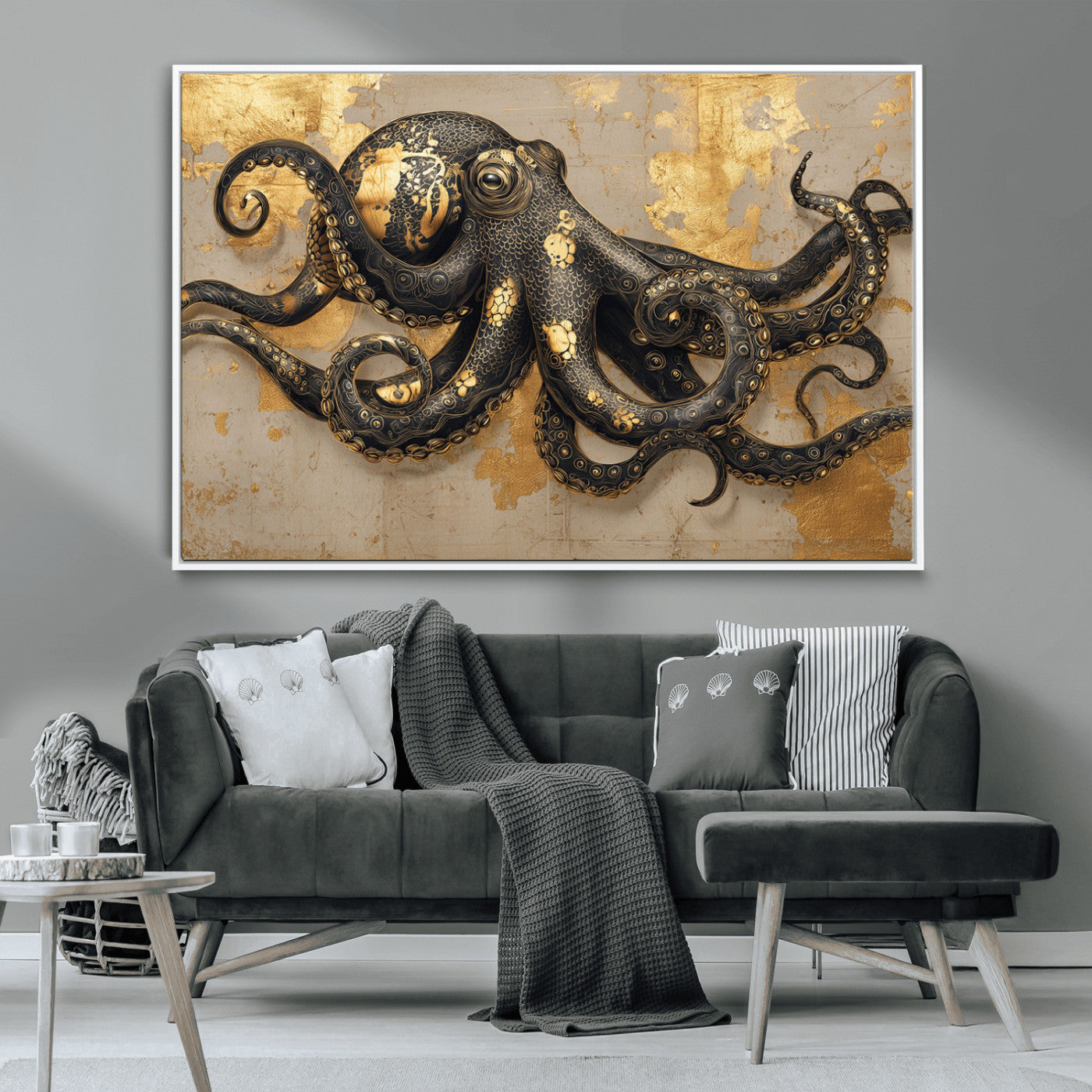 57944271-MGV-CV-36X24-Octopus Wall Art – Black and Gold Nautical Canvas Print, Modern Ocean Inspired Artwork with Elegant Detailing, Coastal Marine