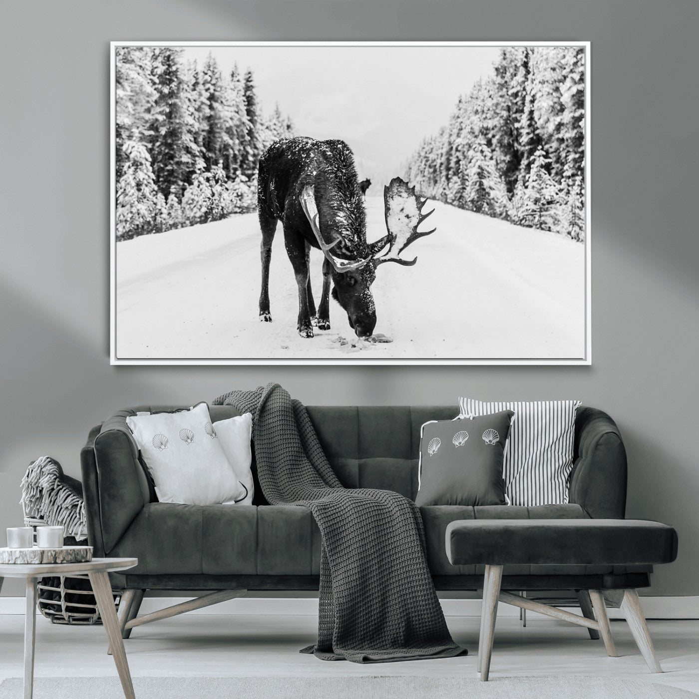 38956835-MGV-CV-36X24-Moose Wall Art – Black and White Wildlife Canvas Print with Snowy Forest Road, Rustic Nature Photography for Cabin, Lodge, Living