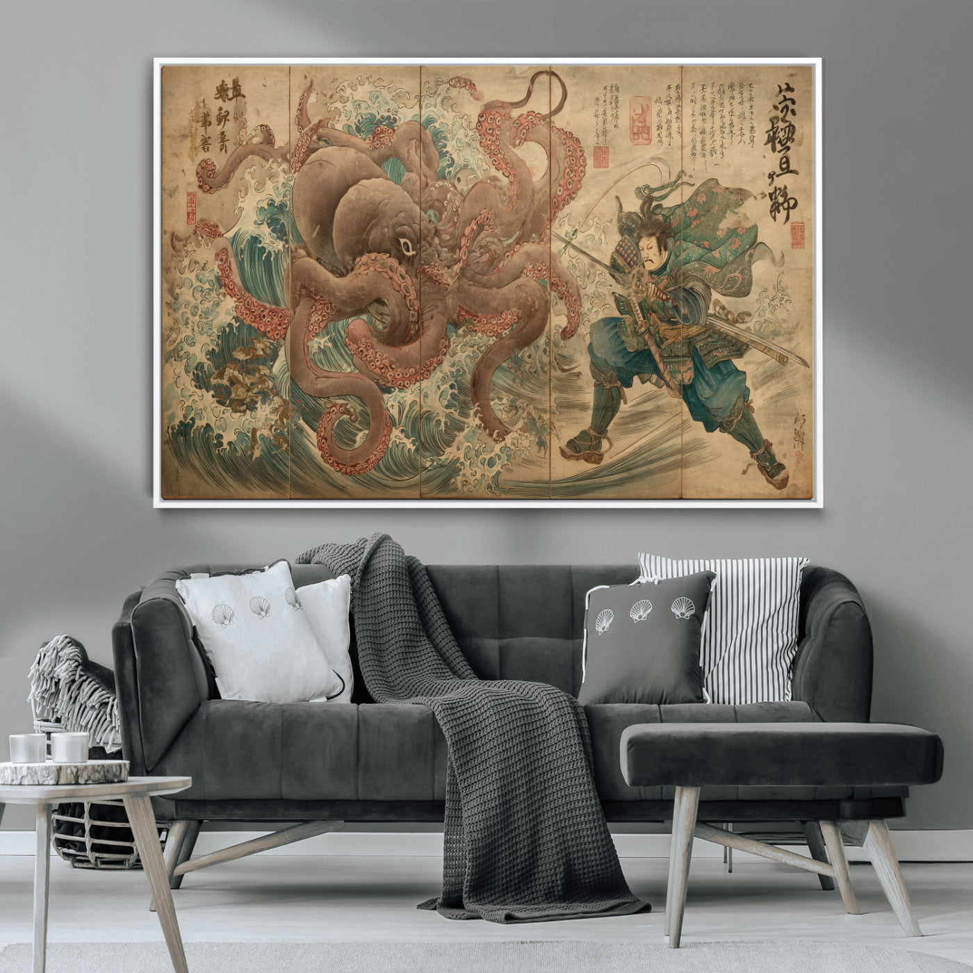 63782167-MGV-CV-36X24-Tsukioka Yoshitoshi Samurai Wall Art Print, Japanese Katana Warrior Canvas Wall Art, Octopus Sea Monster Canvas Print,