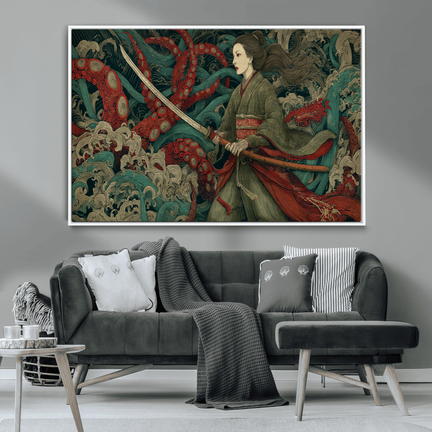 18902796-MGV-CV-36X24-Samurai Woman vs Octopus Wall Art – Japanese Ukiyo-e Green Kimono Canvas Print, Ocean Battle Scene Artwork for Living Room,