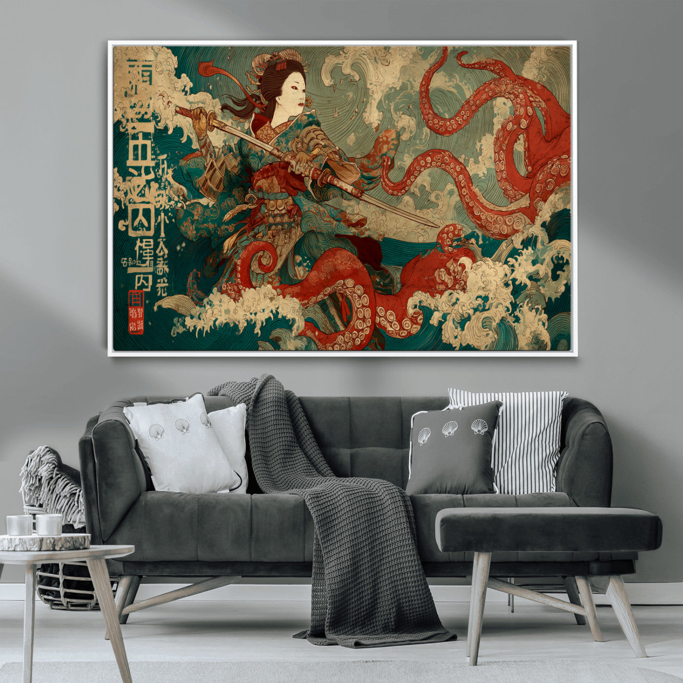 60201267-MGV-CV-36X24-Samurai Woman vs Octopus Wall Art – Japanese Ukiyo-e Armor Canvas Print, Red Tentacle Ocean Battle Artwork for Living Room,