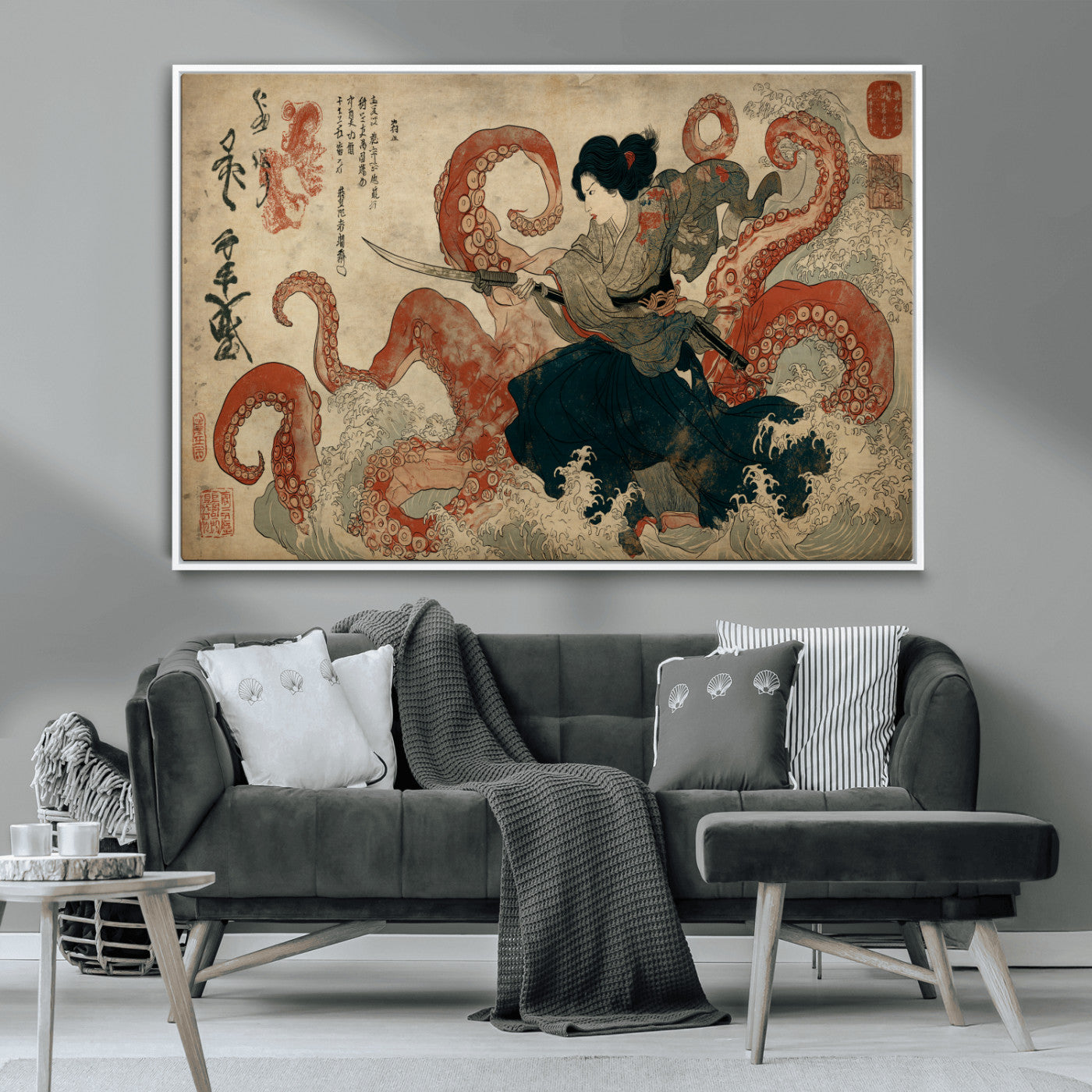 82737246-MGV-CV-36X24-Samurai Woman vs Octopus Wall Art – Japanese Ukiyo-e Dual Sword Canvas Print, Red Tentacle Ocean Battle Artwork for Living Room,