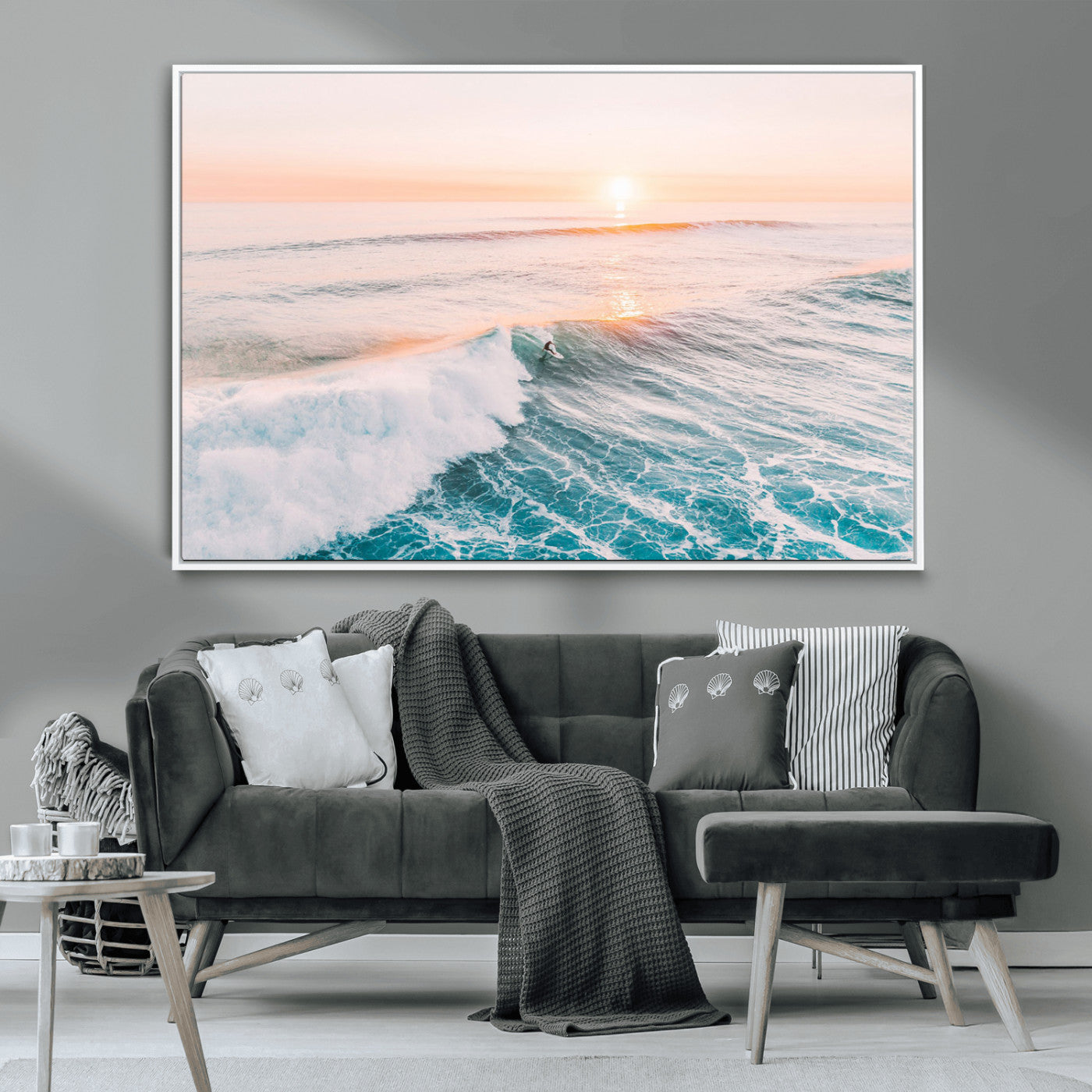34064591-MGV-CV-36X24-Surfing Wall Art – Sunset Ocean Wave Canvas Print, Surfer Riding Sea Photography Decor for Bedroom, Living Room, Office, Coastal