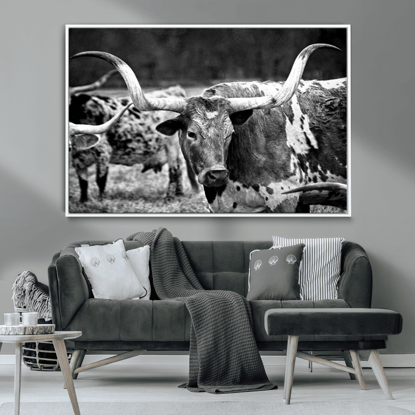 15425553-MGV-CV-36X24-Western Wall Art – Longhorn Cattle Black and White Canvas Print, Rustic Ranch Photography Decor for Bedroom, Living Room, Office,