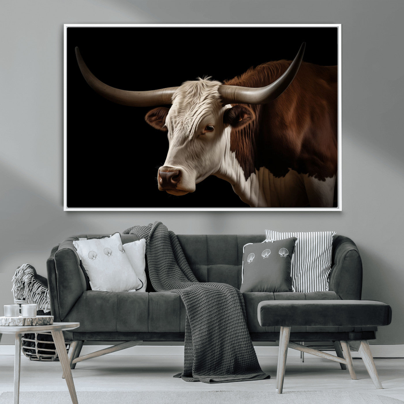 27414857-MGV-CV-36X24-Longhorn Bull Wall Art – Dramatic Western Steer Portrait Canvas Print, Rustic Farmhouse Animal Decor for Living Room, Office, or