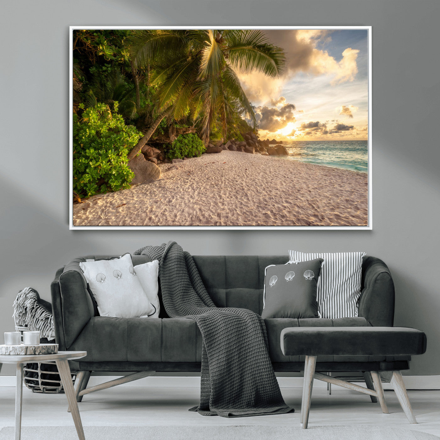 89531159-MGV-CV-36X24-Tropical Beach Sunset Canvas Wall Art – Palm Trees Golden Sand Ocean Waves Coastal Paradise Print for Beach House Bedroom Bathroom