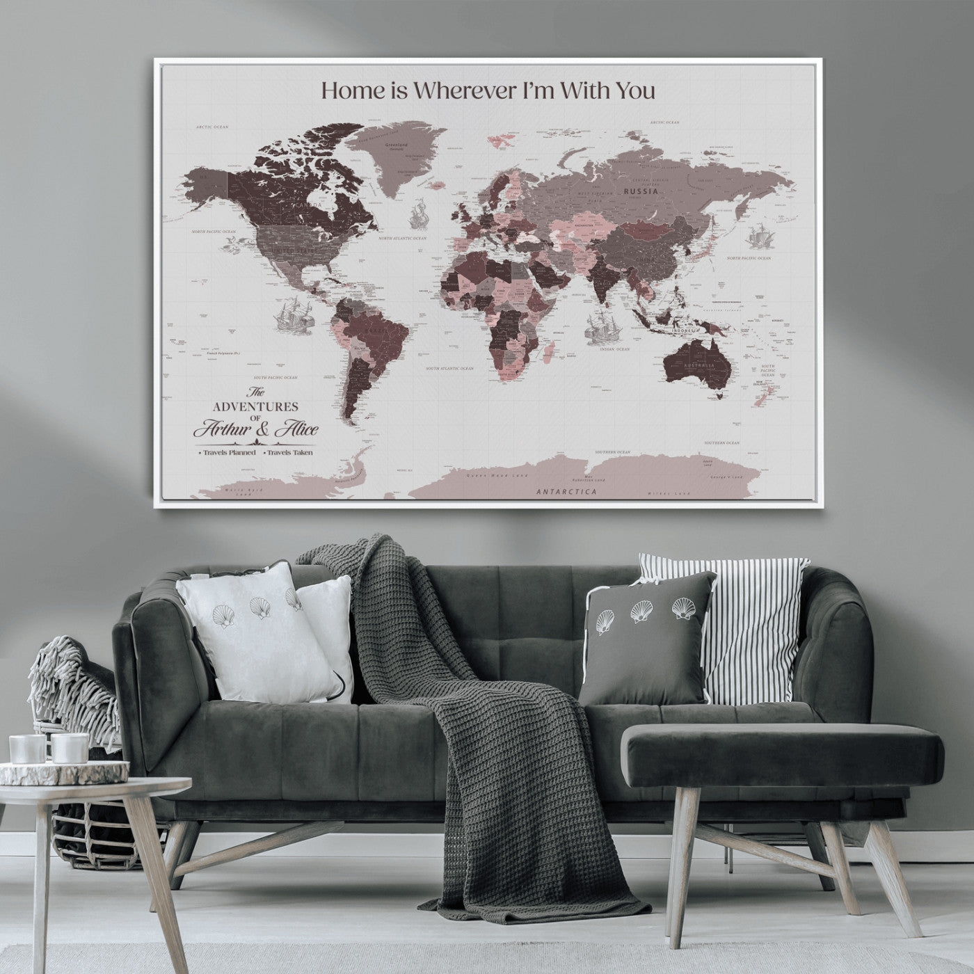 33204797-MGV-CV-36X24-Personalized World Map Wall Art – Burgundy & Grey Adventure Travel Map with Custom Names, Romantic Wall Decor for Couples, Home or
