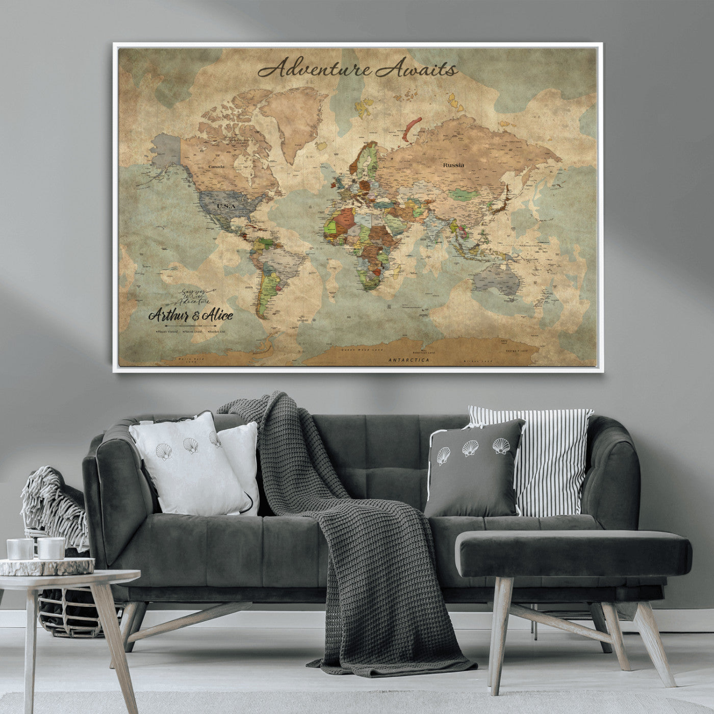 62500285-MGV-CV-36X24-Personalized World Map Wall Art – Rustic Watercolor Adventure Awaits Travel Map with Custom Couple Names, Vintage Wall Decor for