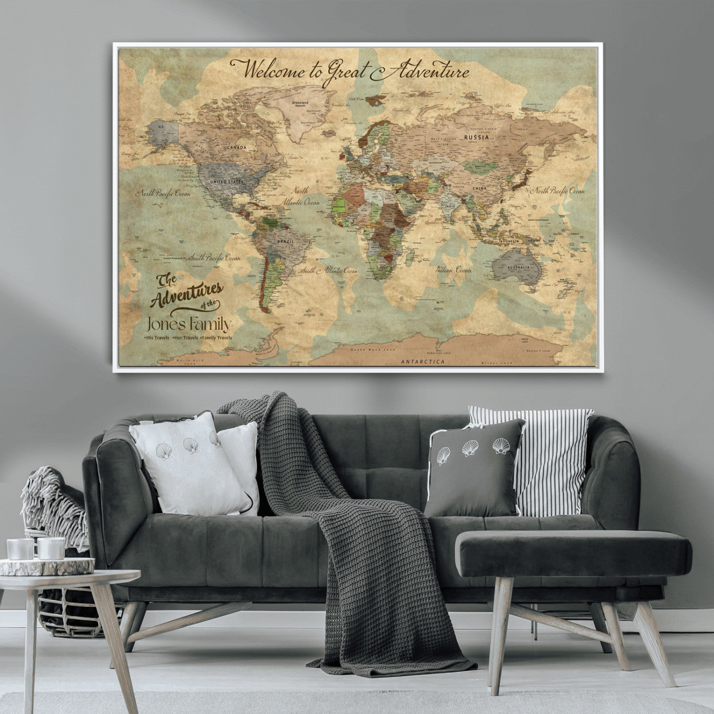 32019746-MGV-CV-36X24-Personalized World Map Wall Art – Vintage Camo Adventure Travel Map with Custom Family Names, Rustic Wall Decor for Couples, Home