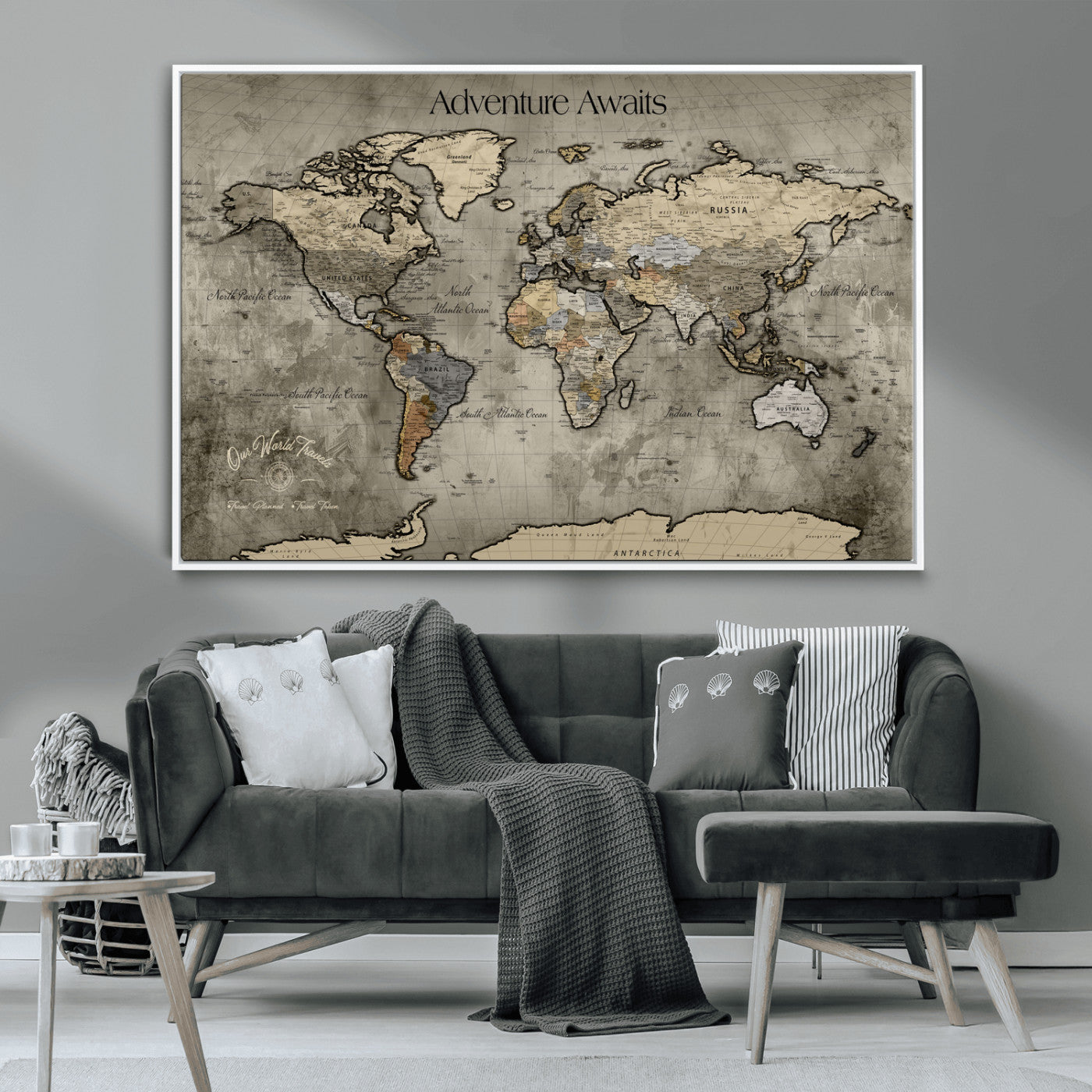 72658967-MGV-CV-36X24-Personalized World Map Wall Art – Adventure Awaits Rustic Sepia Travel Map with Custom Names, Vintage Wall Decor for Couples, Home