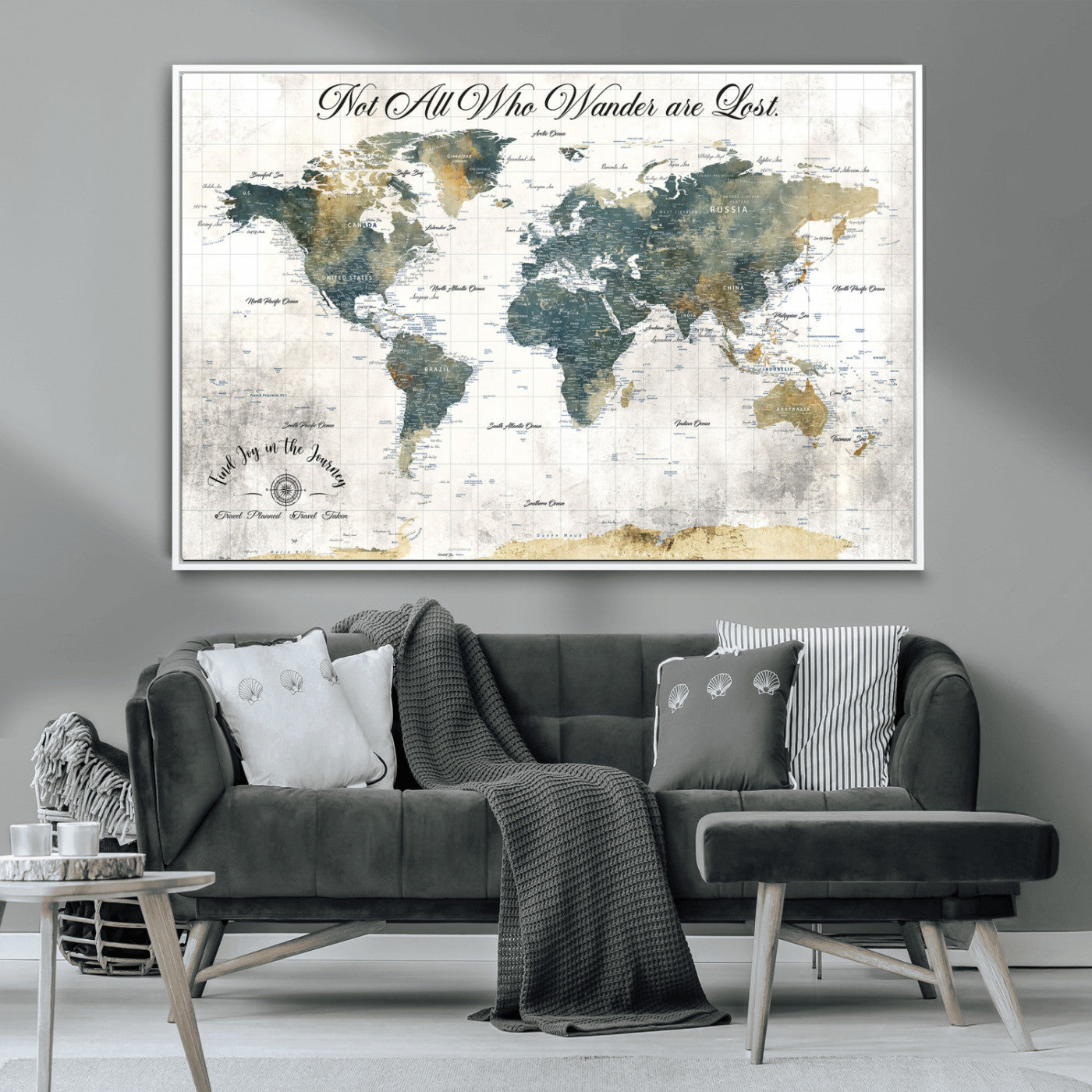 16233493-MGV-CV-36X24-Personalized World Map Wall Art – Rustic Blue Green Wanderlust Travel Map with Custom Couple Names, Vintage Wall Decor for Home