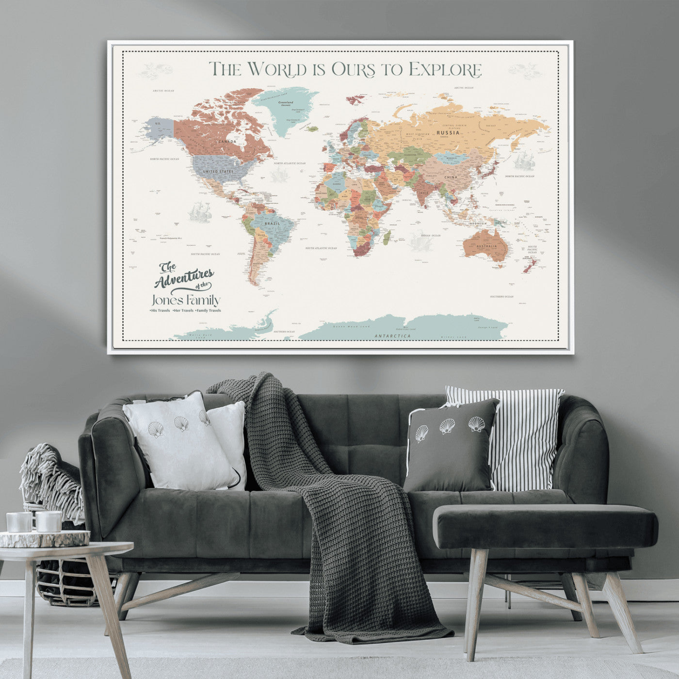 69180591-MGV-CV-36X24-Personalized World Map Wall Art – Rustic Vintage Adventure Travel Map with Custom Family Names, Unique Wall Decor for Couples,