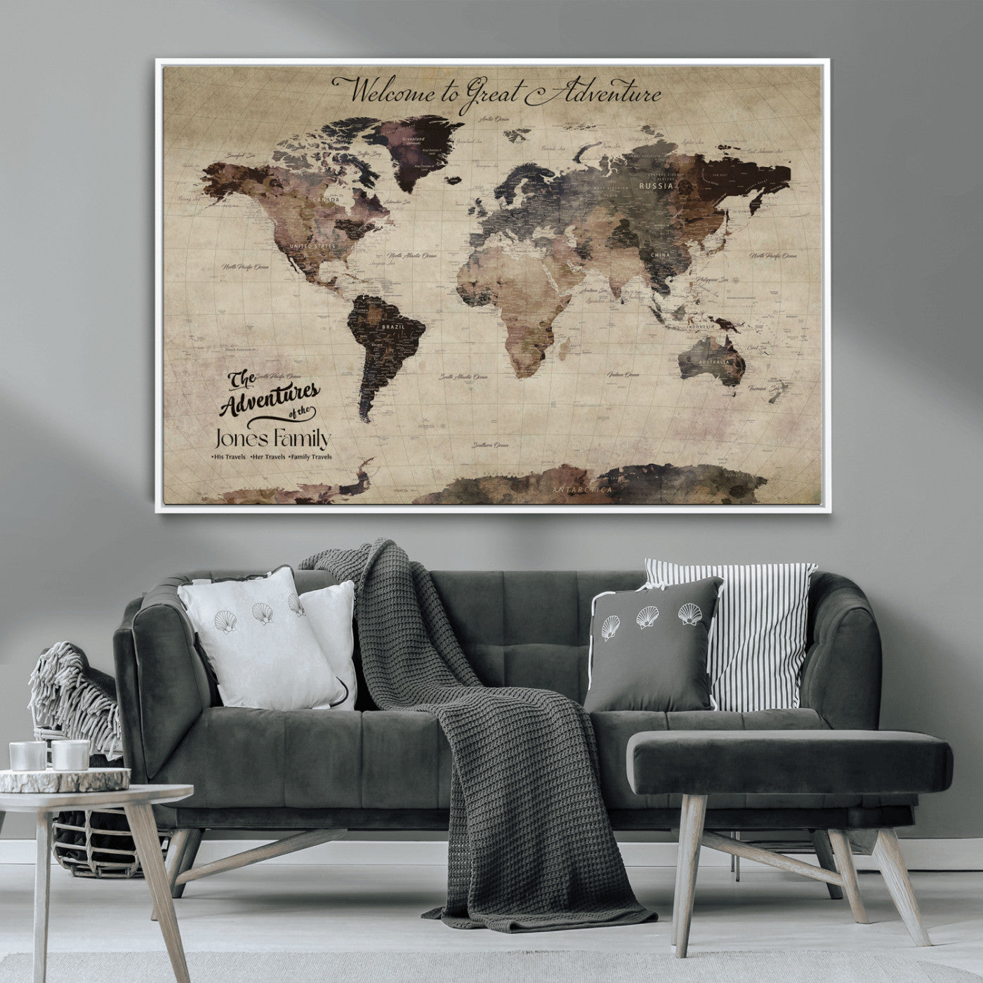 78610079-MGV-CV-36X24-Personalized World Map Wall Art – Vintage Rustic Travel Map with Custom Family Name, Adventure Wall Decor for Home, Family Gift or