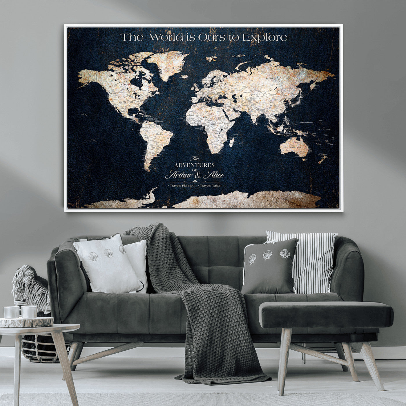 13231361-MGV-CV-36X24-Personalized World Map Wall Art – Navy Blue Vintage Adventure Travel Map with Custom Names, Elegant Push Pin Canvas for Couples
