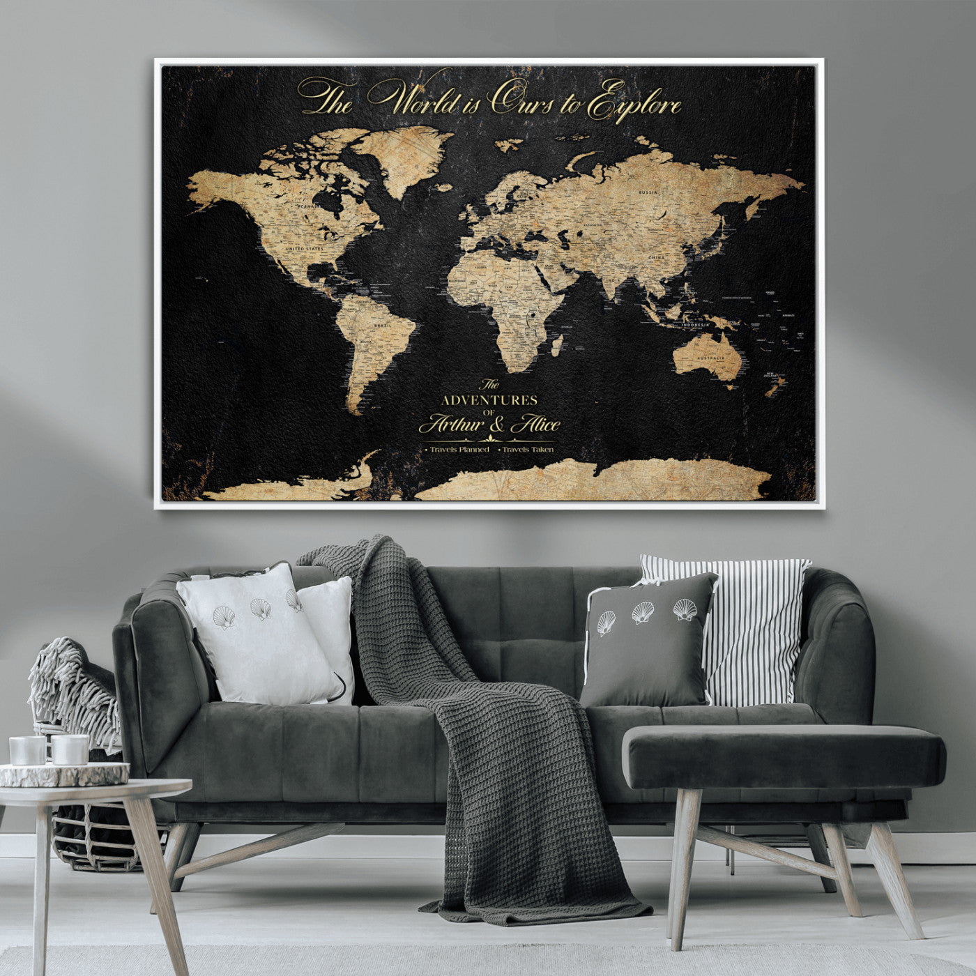 98947257-MGV-CV-36X24-Personalized World Map Wall Art – Vintage Black Adventure Travel Map with Custom Names, Elegant Push Pin Canvas for Couples Home
