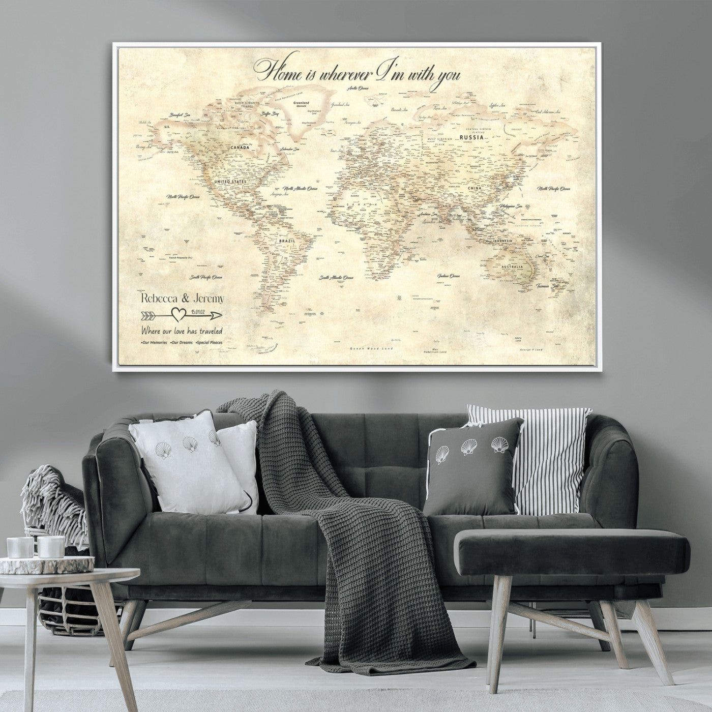 57950315-MGV-CV-36X24-Personalized World Map Wall Art – Vintage Beige Travel Map with Custom Names, Romantic Anniversary Gift for Couples, Adventure