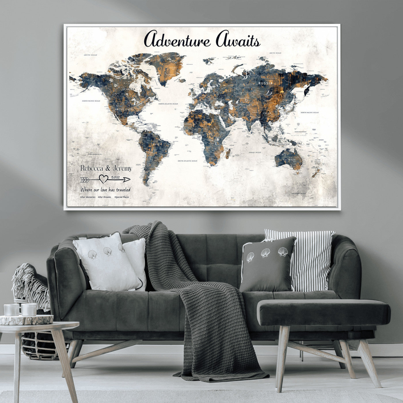 11751559-MGV-CV-36X24-Personalized World Map Wall Art – Elegant Adventure Travel Tracker Map for Couples & Families, Push Pin Canvas Poster Decor for Home, Office