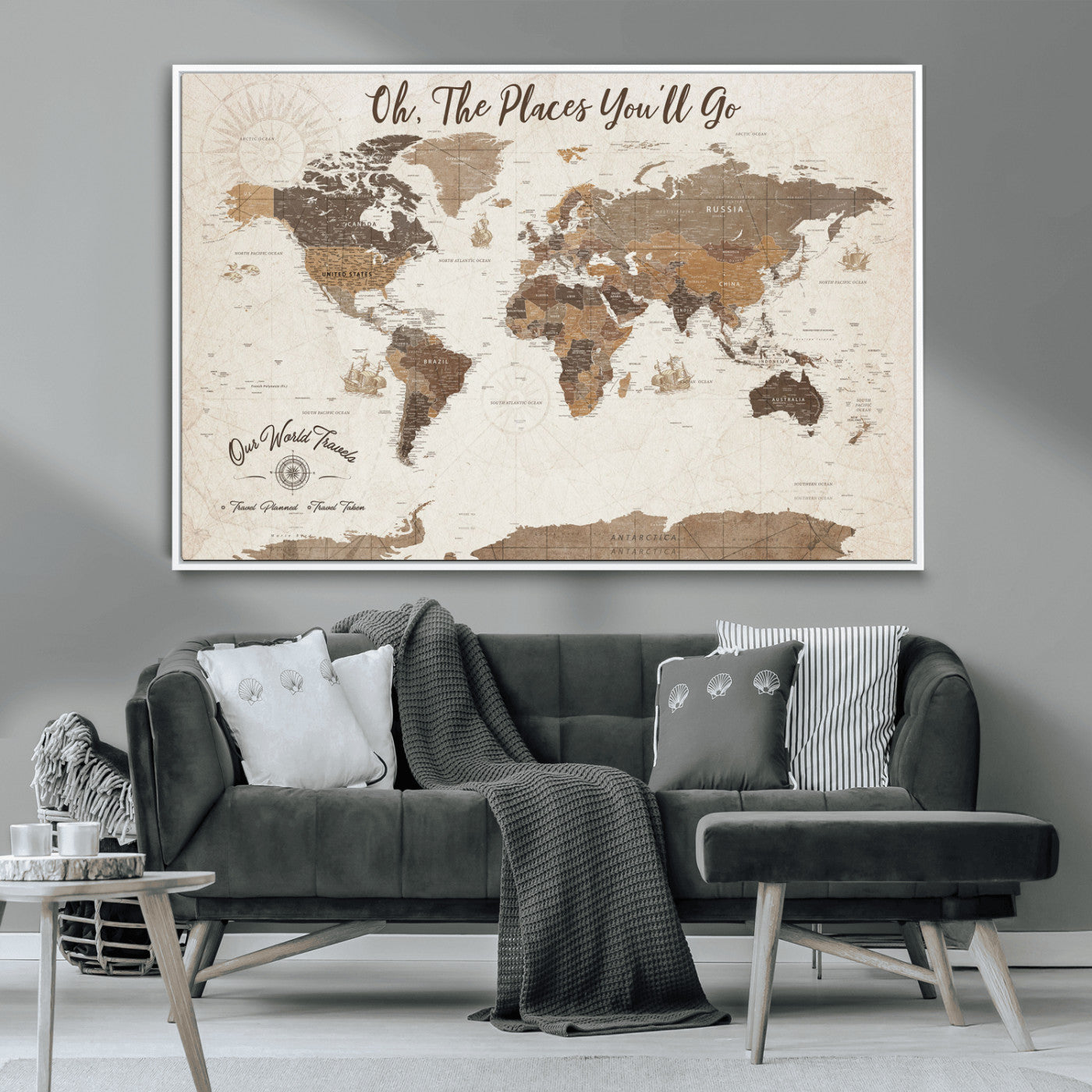 14140137-MGV-CV-36X24-Personalized World Map Wall Art – Vintage Nautical Adventure Map with Ships and Compass, Rustic Sepia Tones for Travel Lovers and